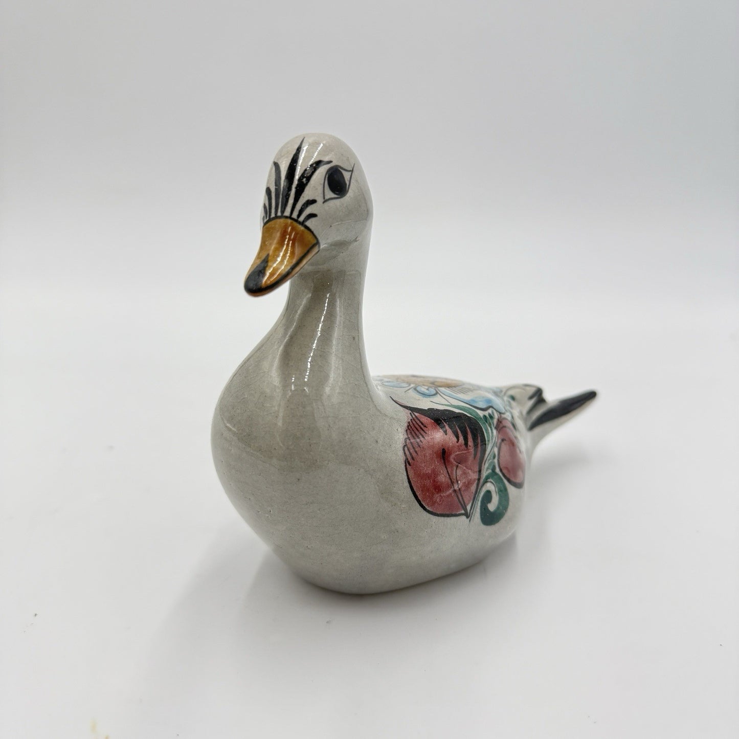 Noe Suro Mexican Folk Art Pottery Clay Floral Painted Duck Vintage Figurine