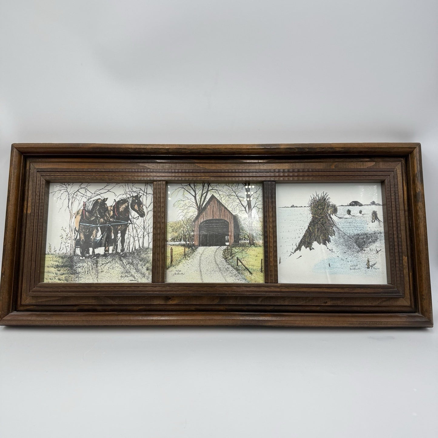 Nancy Bicknell 1984 Ink Watercolor Signed Print 3-1 Country Across Wooden Frame