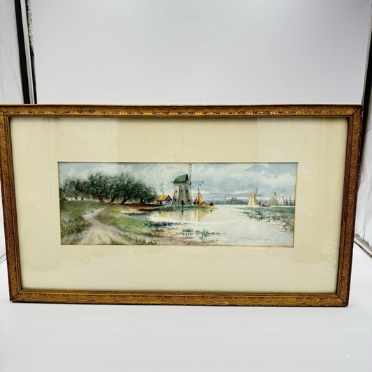Dutch Scene Windmill & Boats Watercolor Painting signed Ethel Christpson Origin