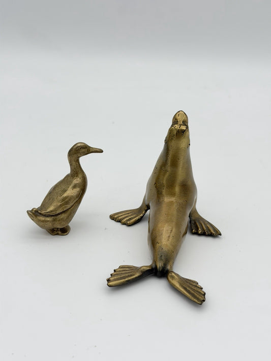 Vintage Solid Brass Sea Lion & Duck Goose Gold Tone Mini Figurines 3”H