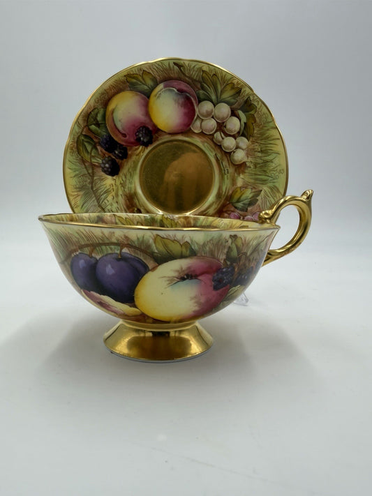 Aynsley England Porcelain Orchard Fruit Gold Teacup & Saucer Vintage Set Gold