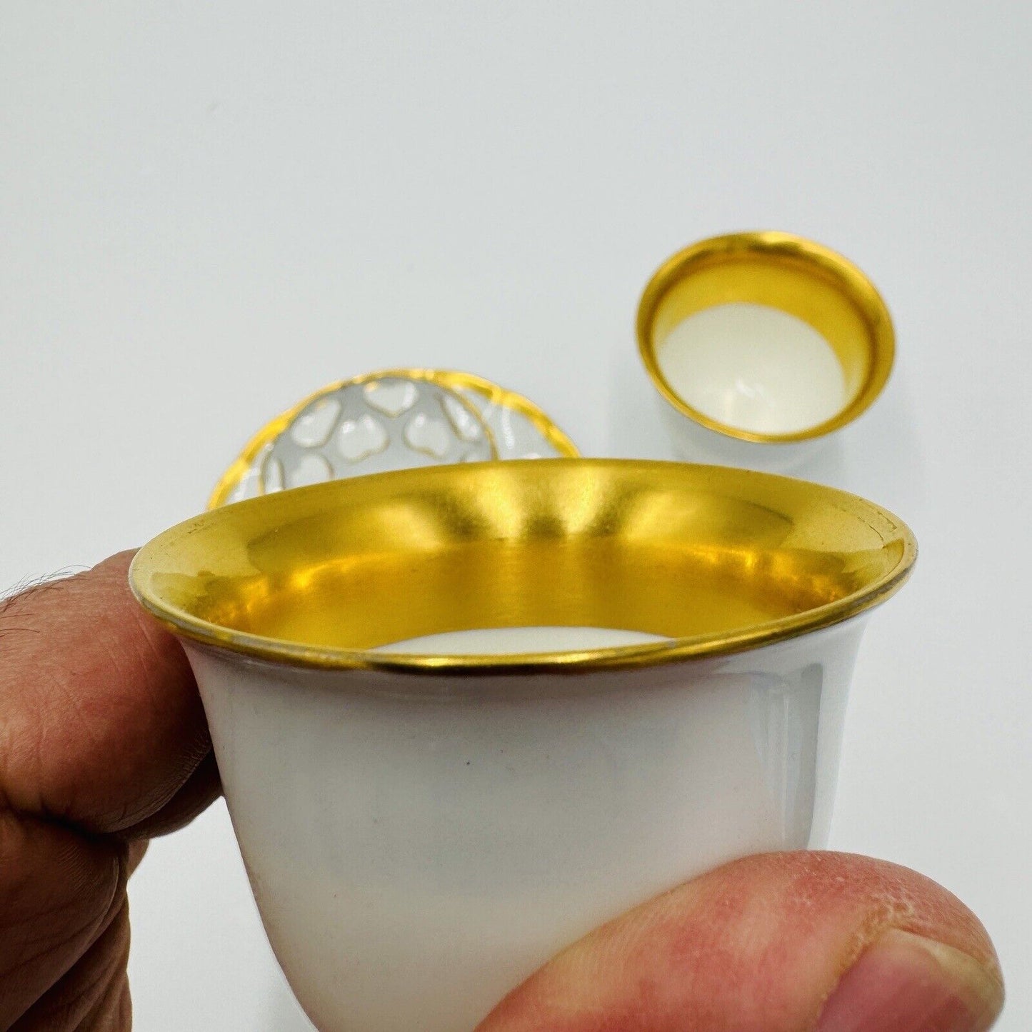 French Porcelain Gold Trim Egg Cups 3 Pieces Unmarked Rare Antique Serveware