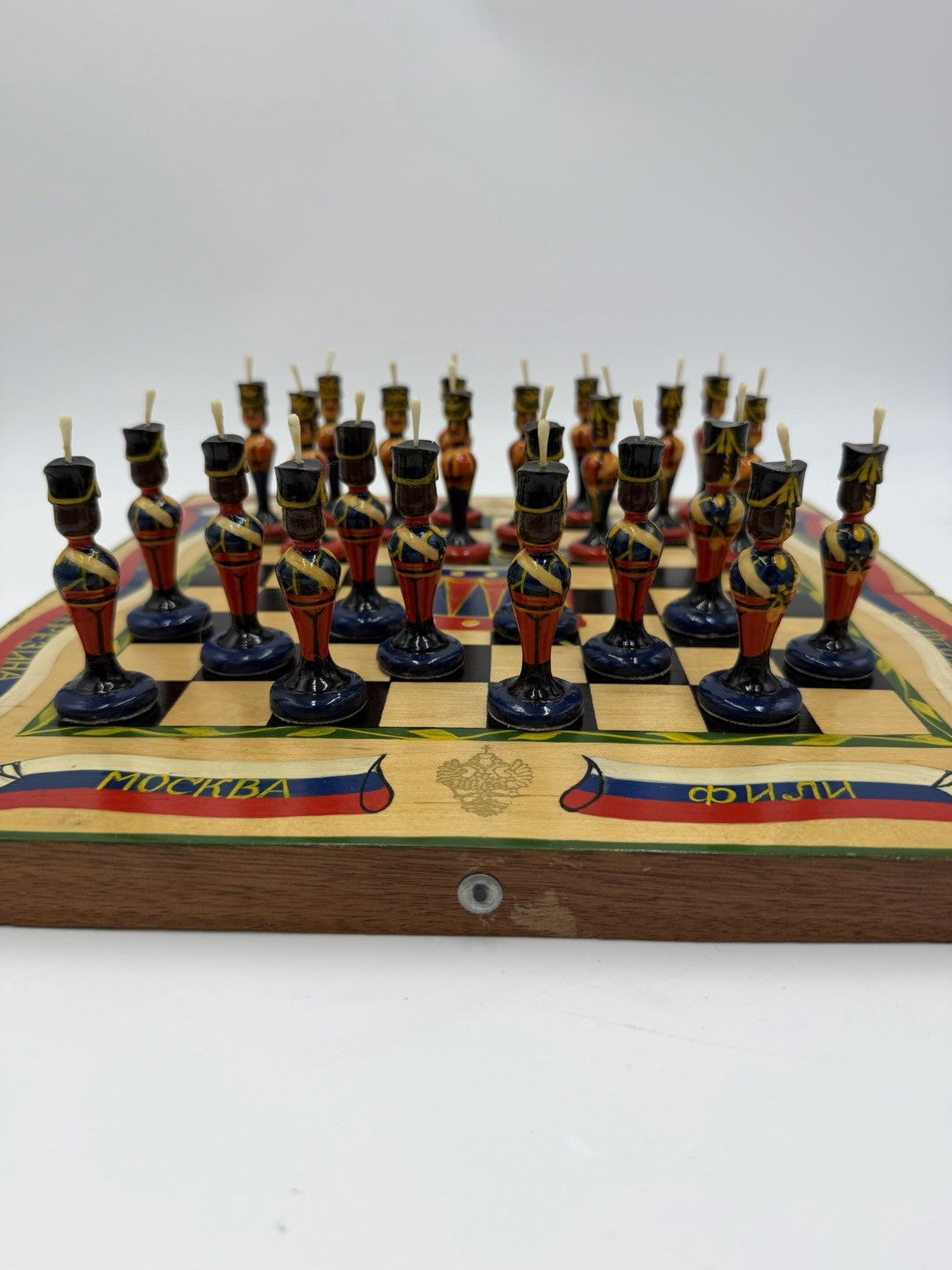 Russian vintage Matryoshka chess set 24 Pawns Plus Wooden Board Soldiers
