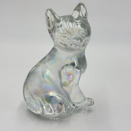 Fenton Carnival Glass IRIDESCENT /clear CAT Sitting Kitten PAPERWEIGHT Figurine