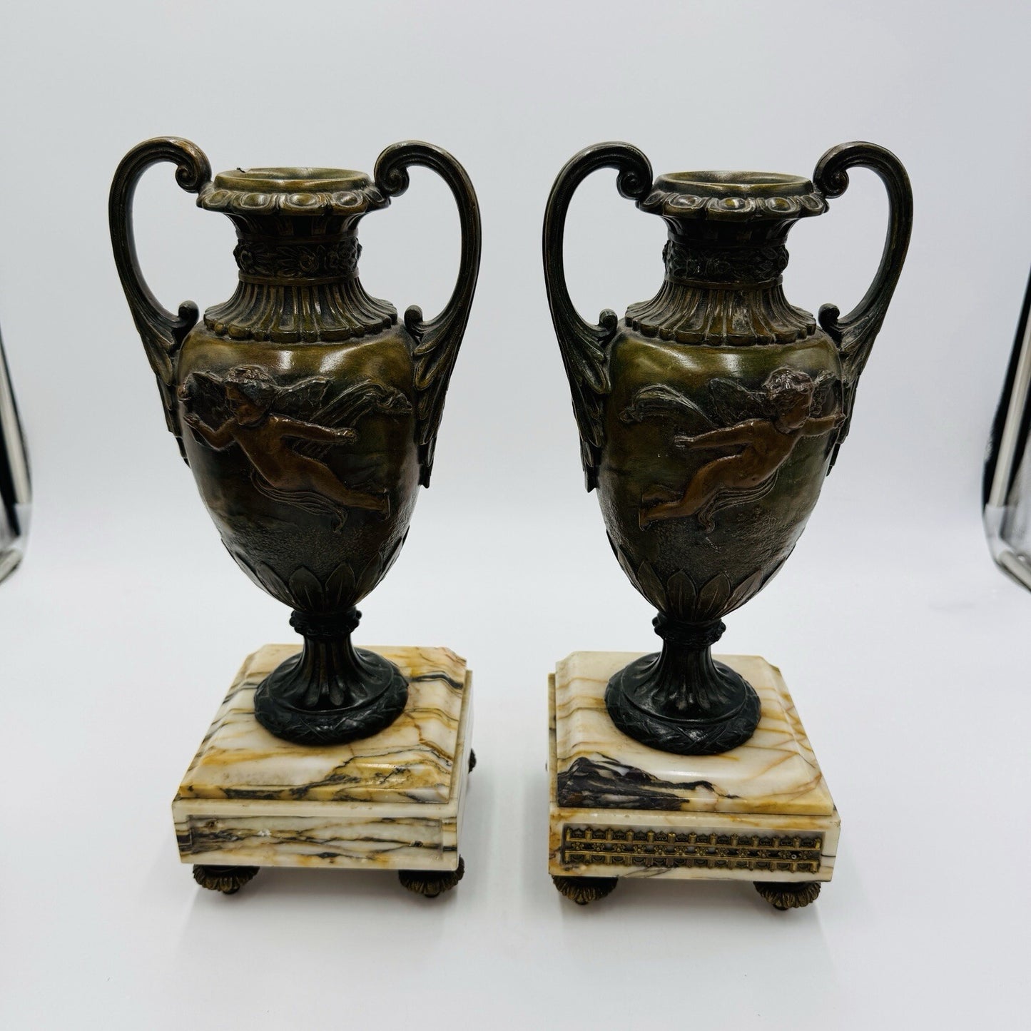 French metal vases rare 1800s Chateau ornate chimney cherubs marble base 13.5in