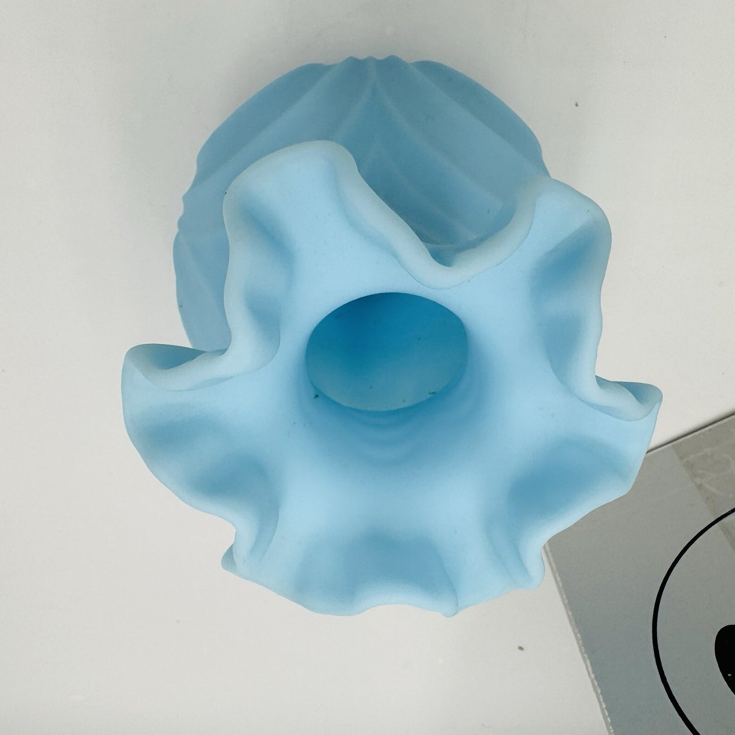 Fenton Draped Blue Satin Glass Vase Vintage Art Glass Ruffled Edge Drapery 8in