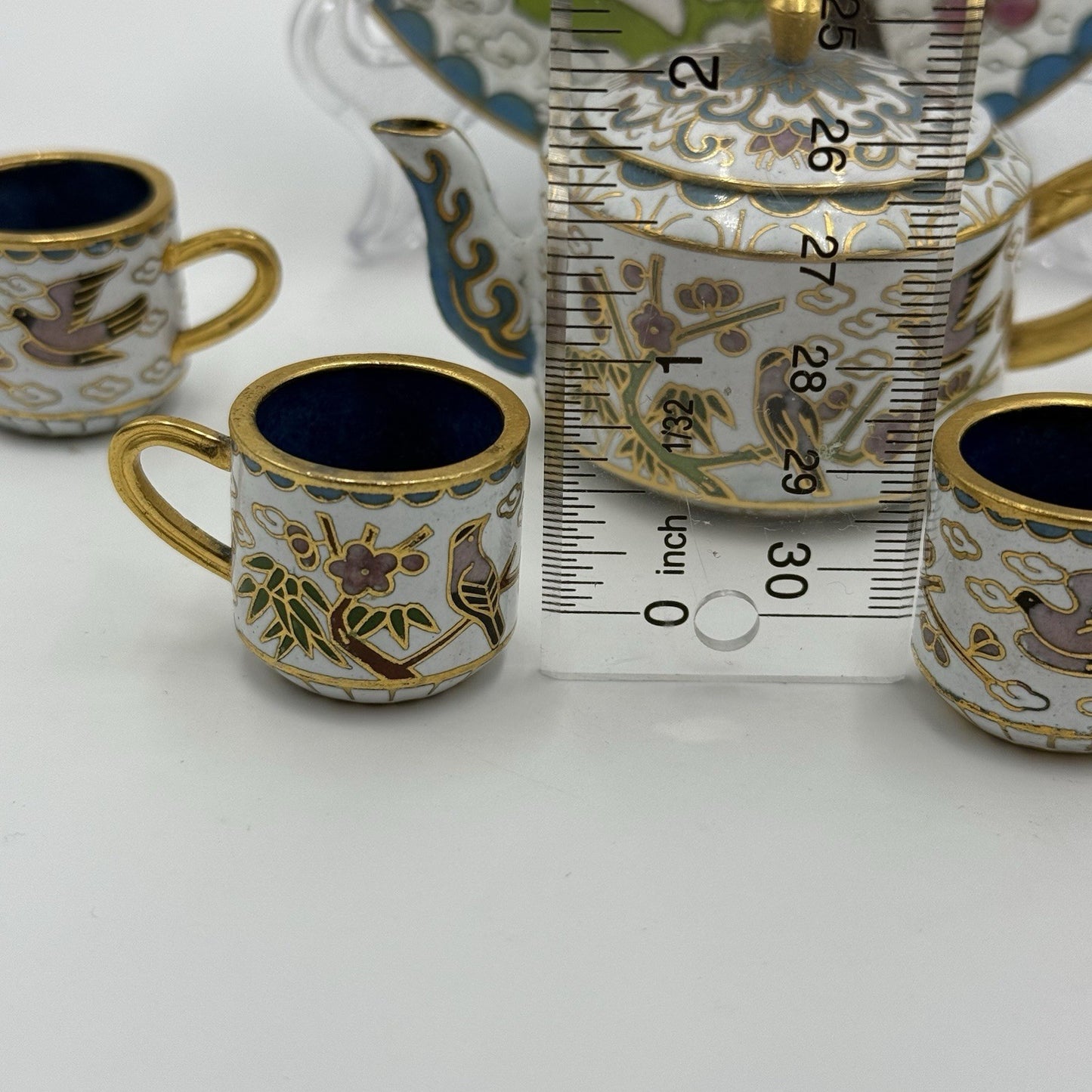 Vtg Cloisonné Enamel Chinese Bird Pattern Miniature Tea Set Dollhouse 6 PCs