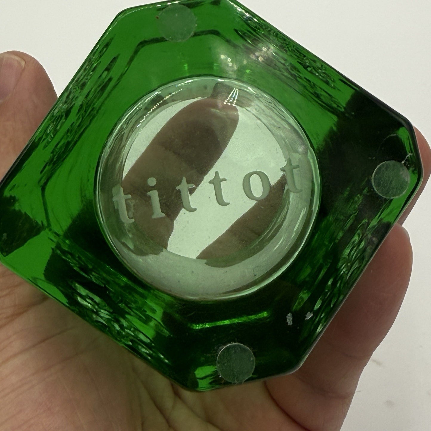 Vintage Tittot Art Glass Green Emerald Embossed Vase 3.5”H Candle Holder Votive