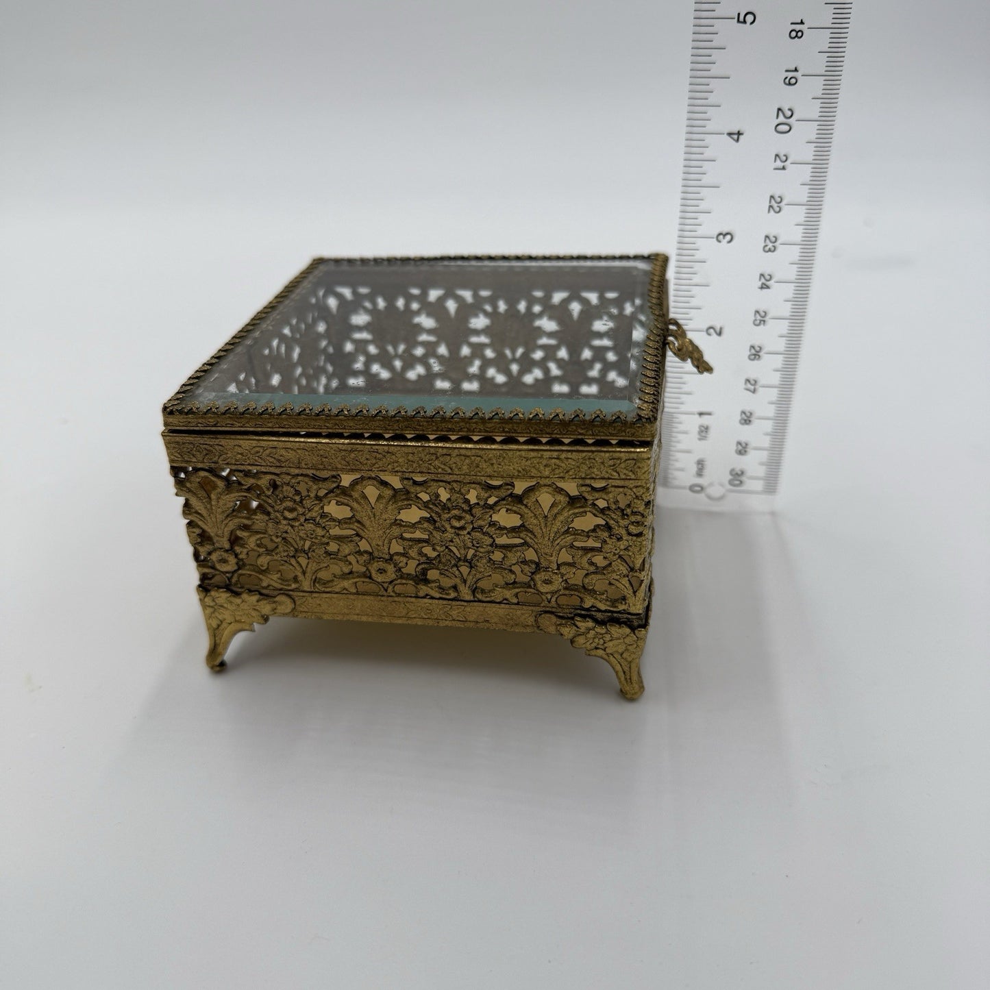 Ormolu gold filigree jewelry casket with beveled glass Hollywood Regency Box