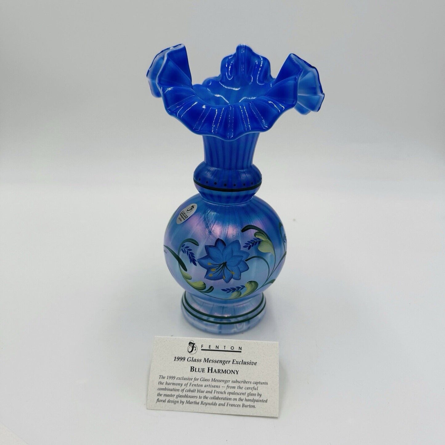 Fenton Art Glass 1999 Messenger Exclusive Blue Harmony Vase Signed Dan Fenton