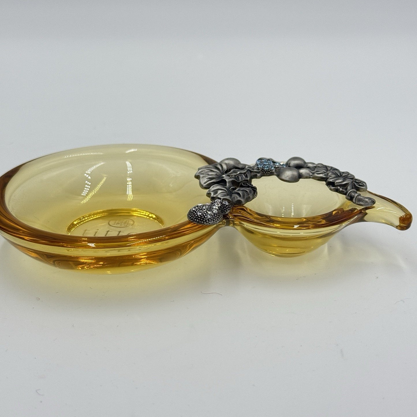 Vintage Tittot Art Glass Amber Pewter Accents Harvest Bounty Jewelry Tray