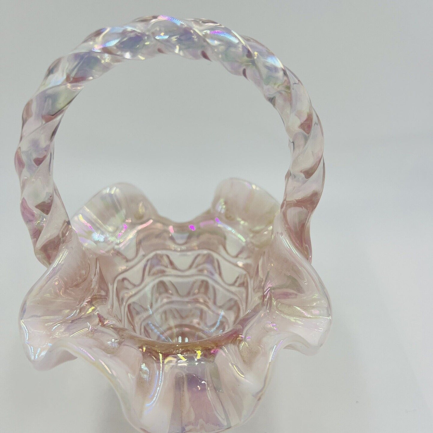 Fenton Basket Butch Wright Carnival Glass Pink Opalescent Home Decor Handle Art