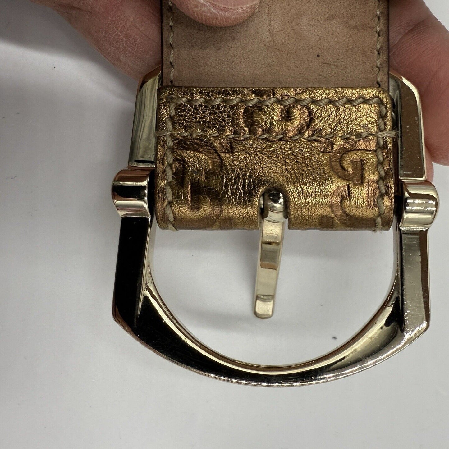 Gucci Bronze Metallic Guccissima Monogram Leather Belt Sz 85/34" Italy Authentic