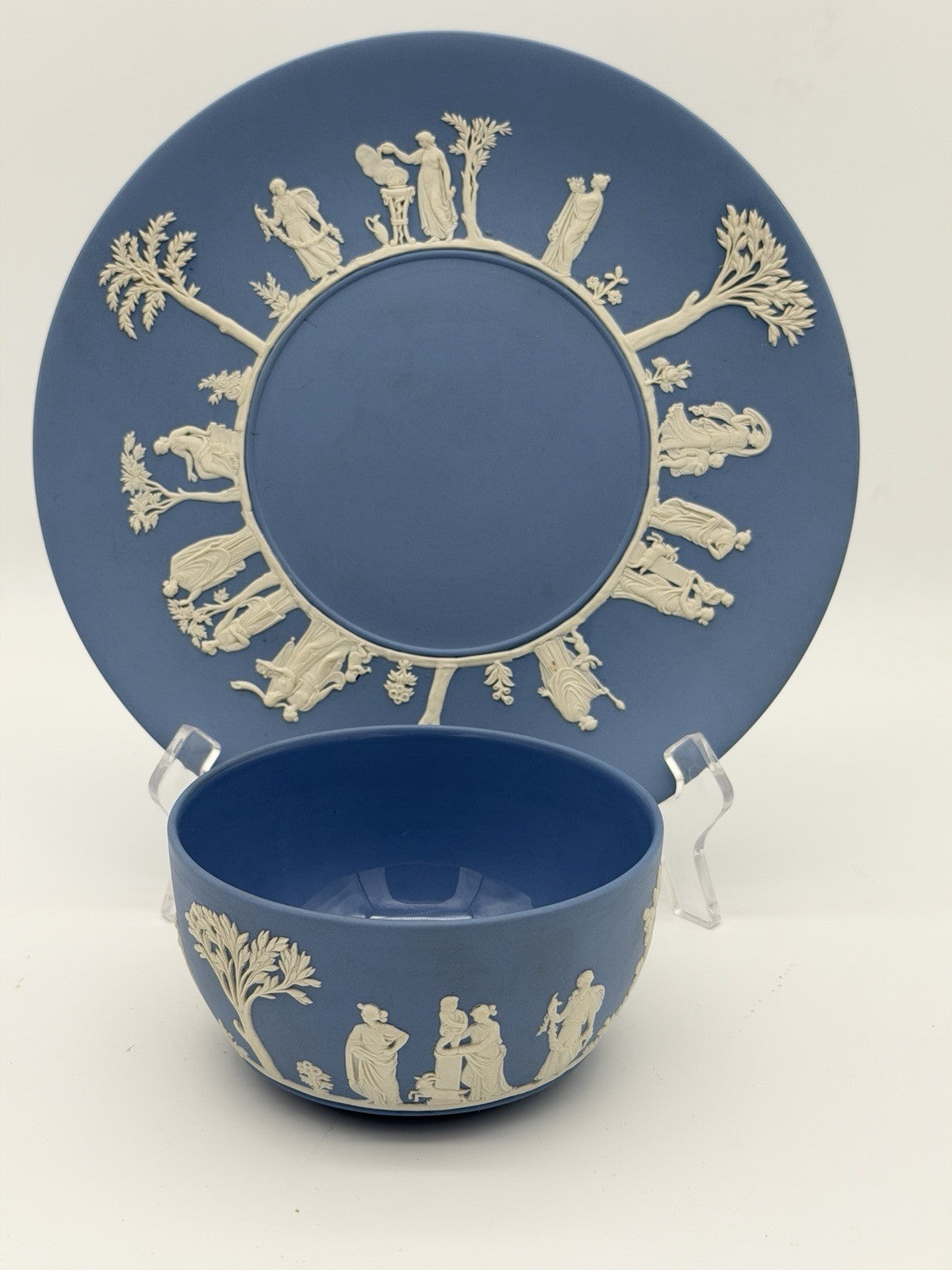 Wedgwood Jasperware England Blue/white Plate & Bowl Porcelain Set Vintage