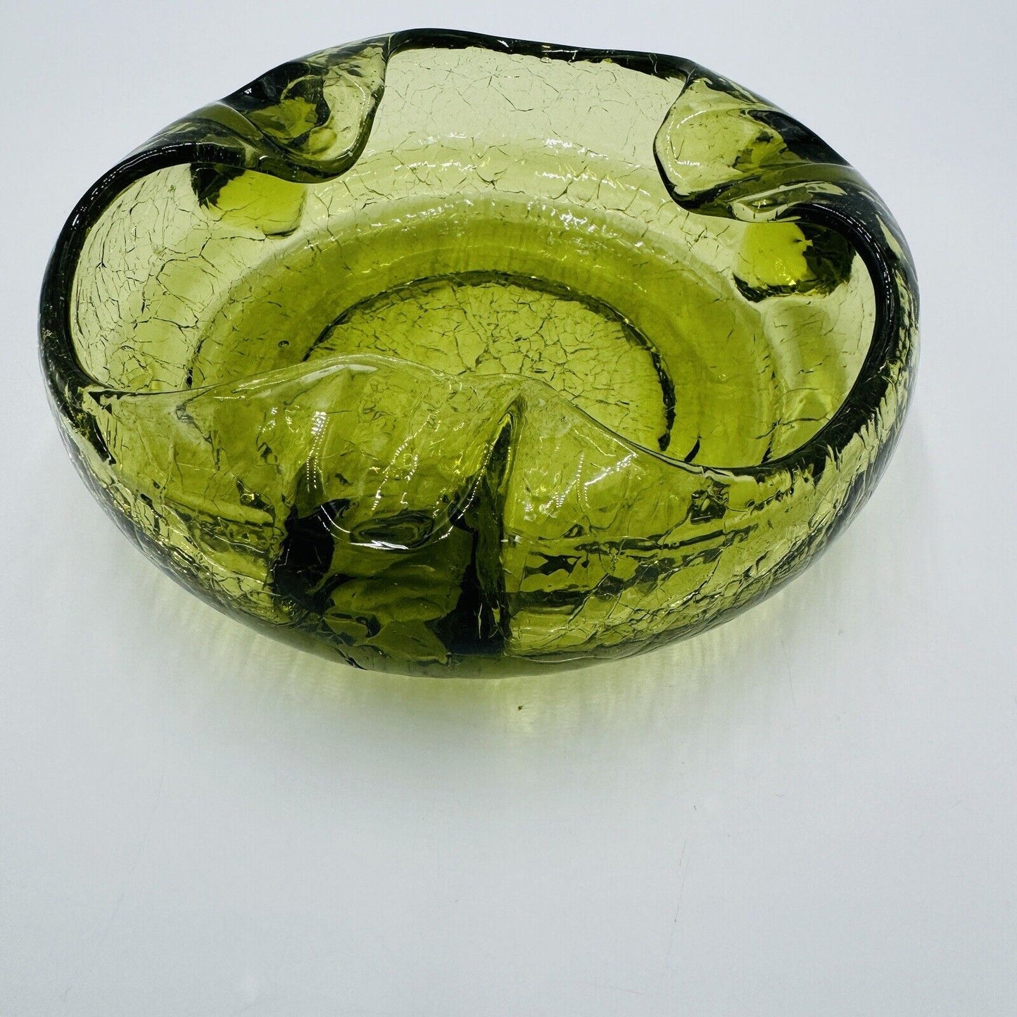 Viking Art Glass Cigar Ashtray Green Crackle MCM Vintage 7”