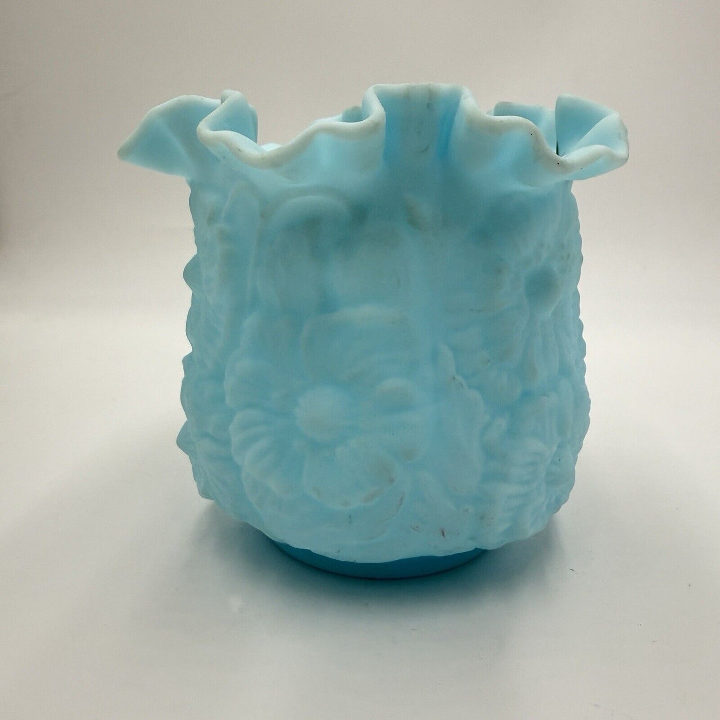 Vtg Fenton Blue Satin Glass Vase Ruffled Edge Poppy/Daisy Large 6" H x 6 1/2" W