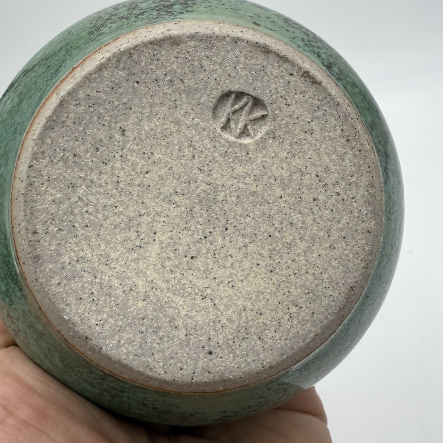 KK signed studio art pottery stoneware trinket dish green 4”vintage Rare W/lid