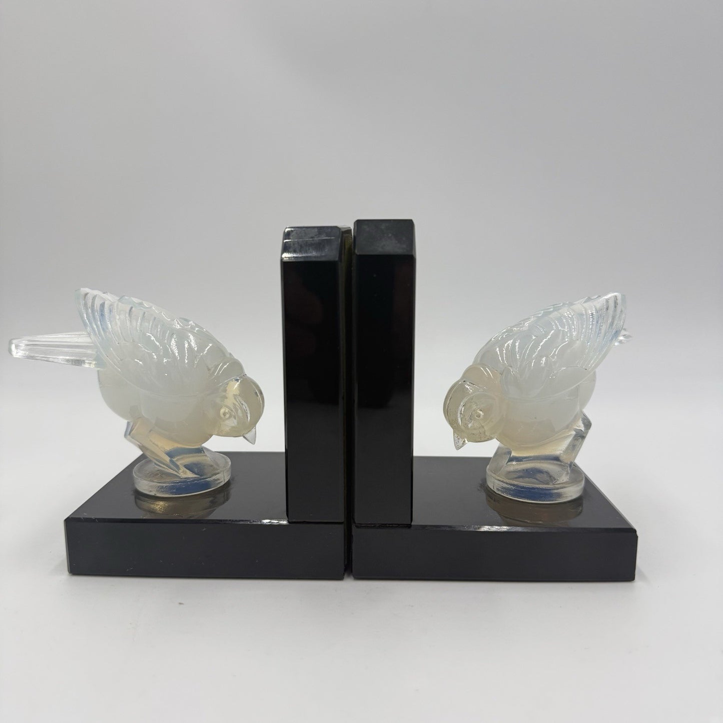 Sabino France Opalescent Art Glass Moineau Gourmand Sparrow Bookends Marble Base