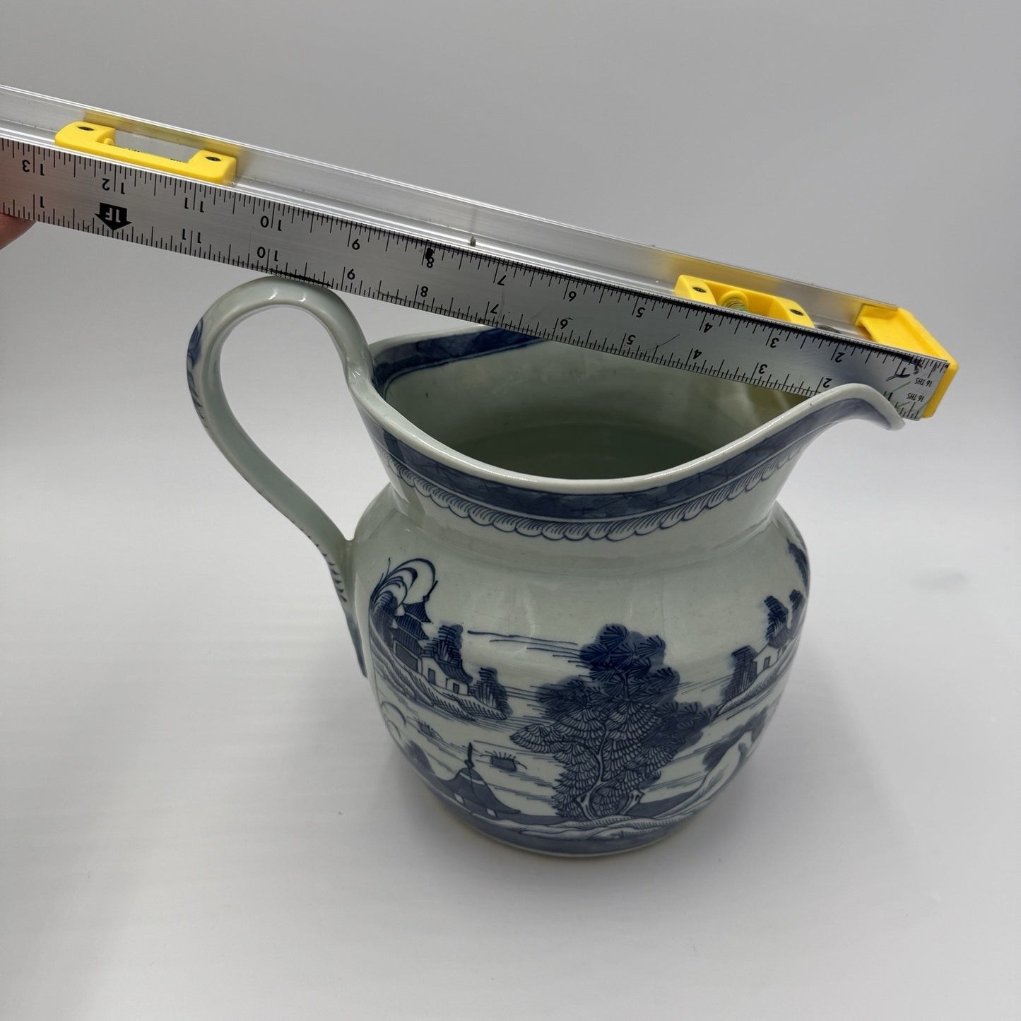 Antique Chinese Blue & White Canton Export Porcelain Large Pitcher 9”H x12” L