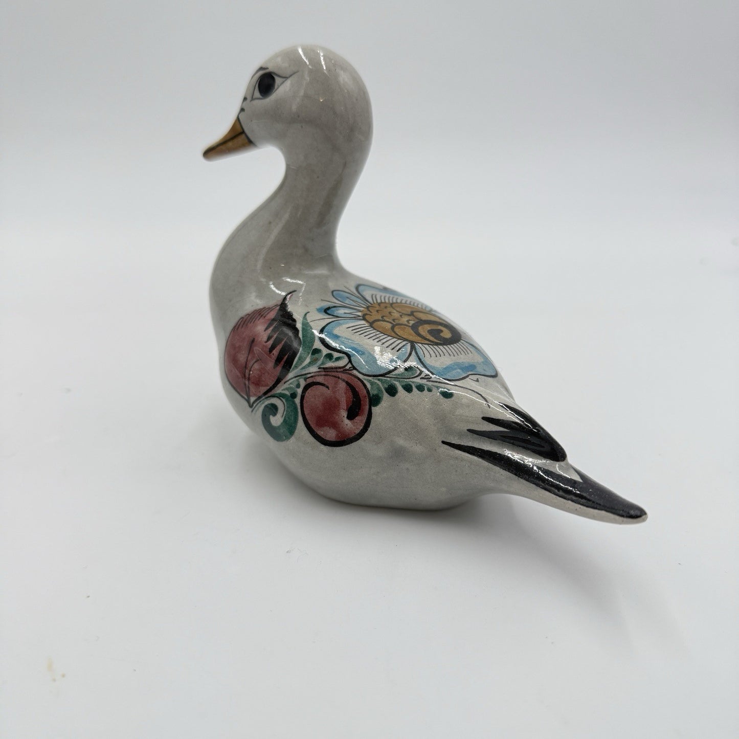 Noe Suro Mexican Folk Art Pottery Clay Floral Painted Duck Vintage Figurine
