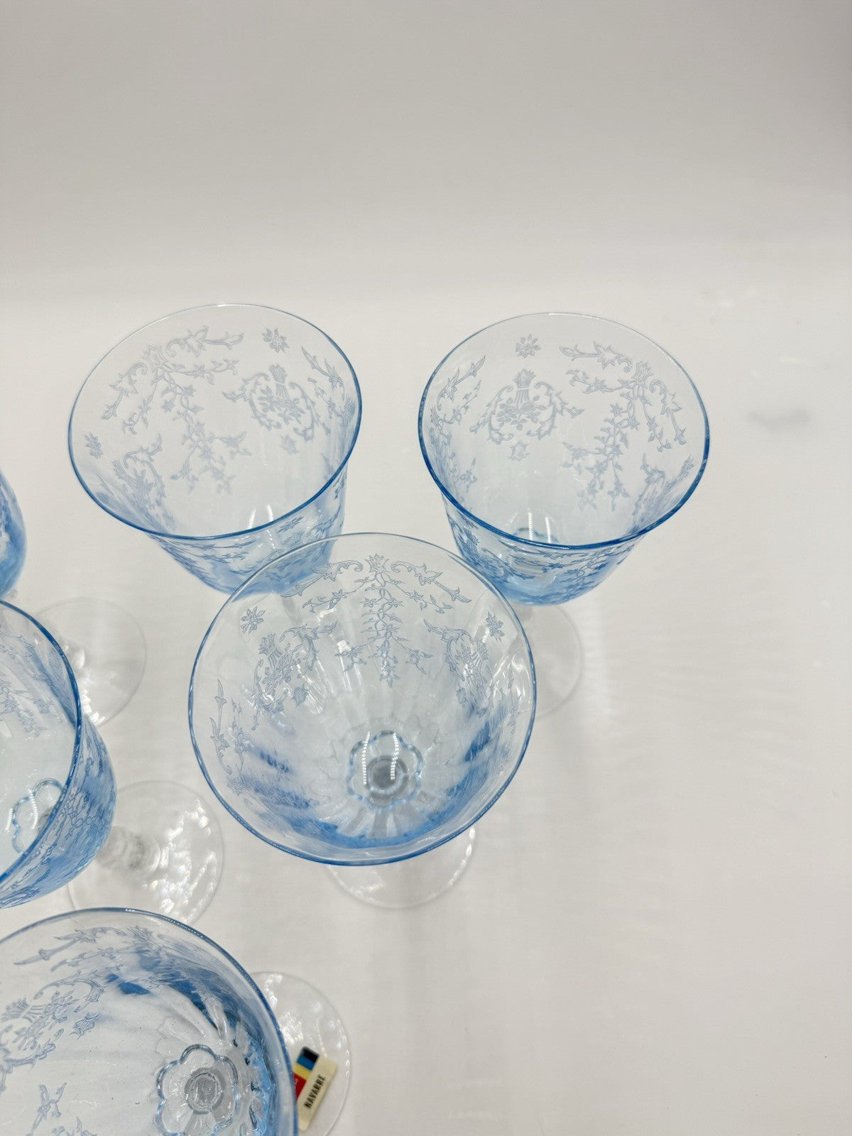 Fostoria Navarre Blue Art Glass Water Goblets Vintage Etched Floral 7.5” Set 6