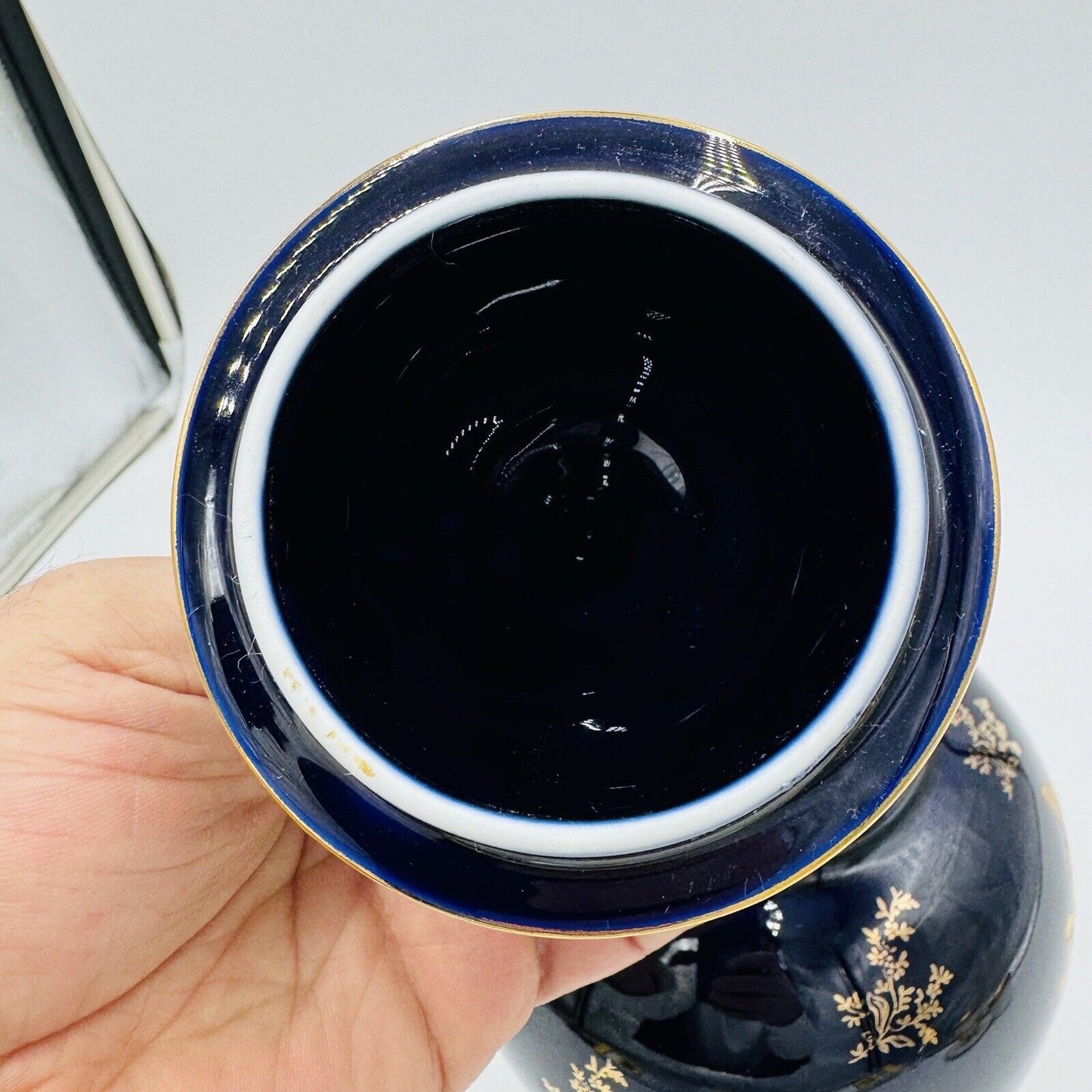 Limoges France Cobalt Blue Urn W/ Lid courting couple porcelain 9.5” Gold Trim