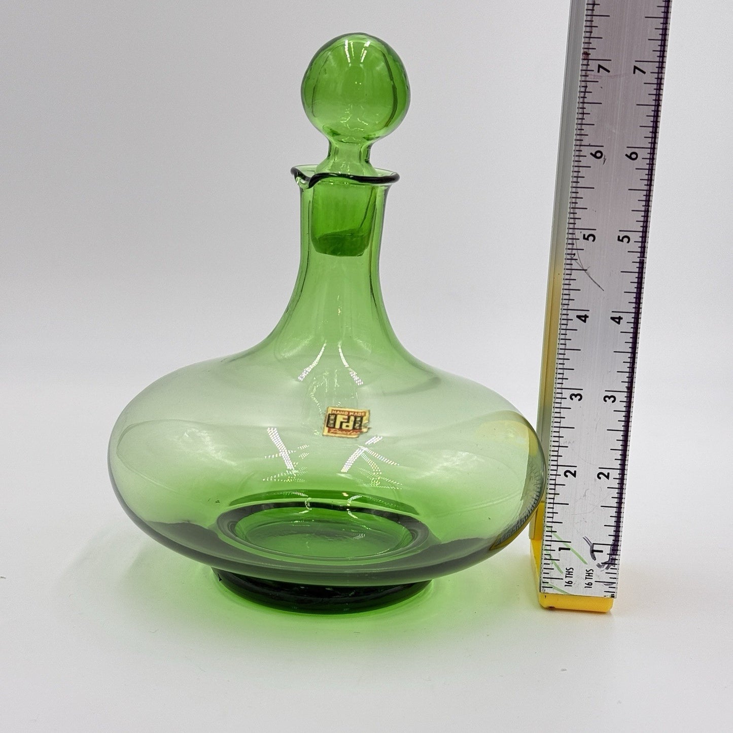 MCM Peedee Art Glass Green Decanter Italy 7” W/stopper Wayne Husted of Blenko