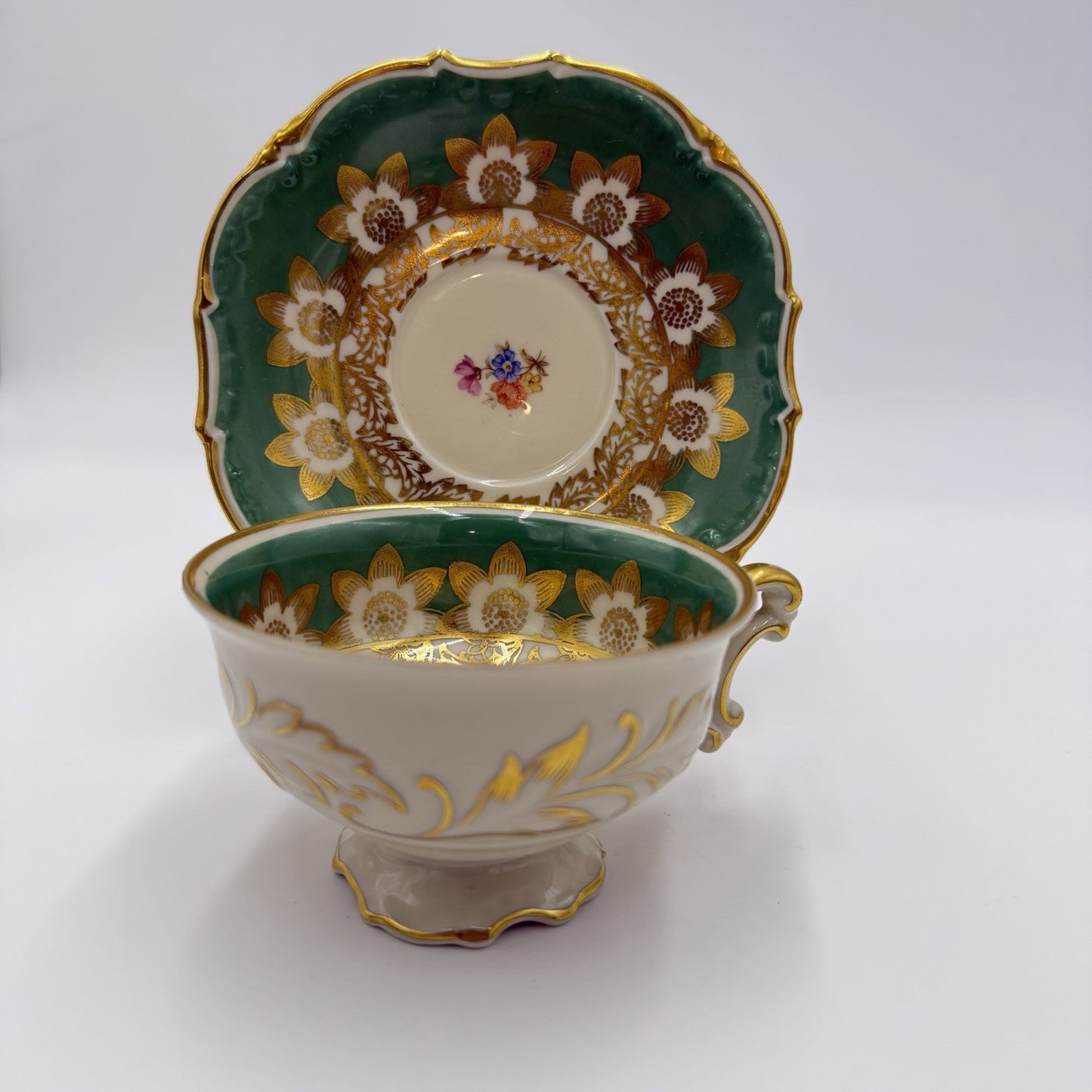 Antique Schwarzenhammer Bavaria Porcelain Gold Trim tea cup & saucer Green