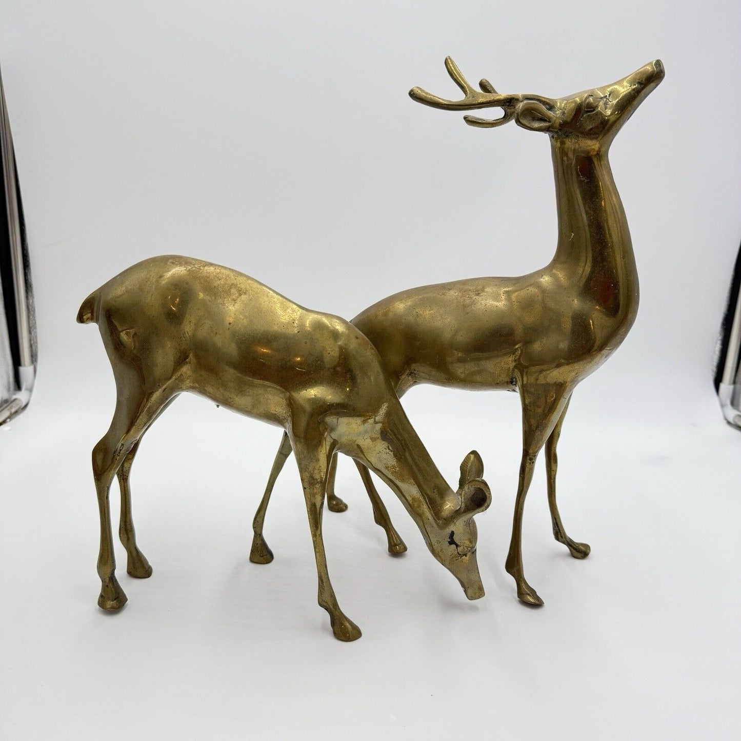VINTAGE BRASS DEER Pair LARGE 13” Buck 9” DOE Mid Century Solid Retro Sculptures