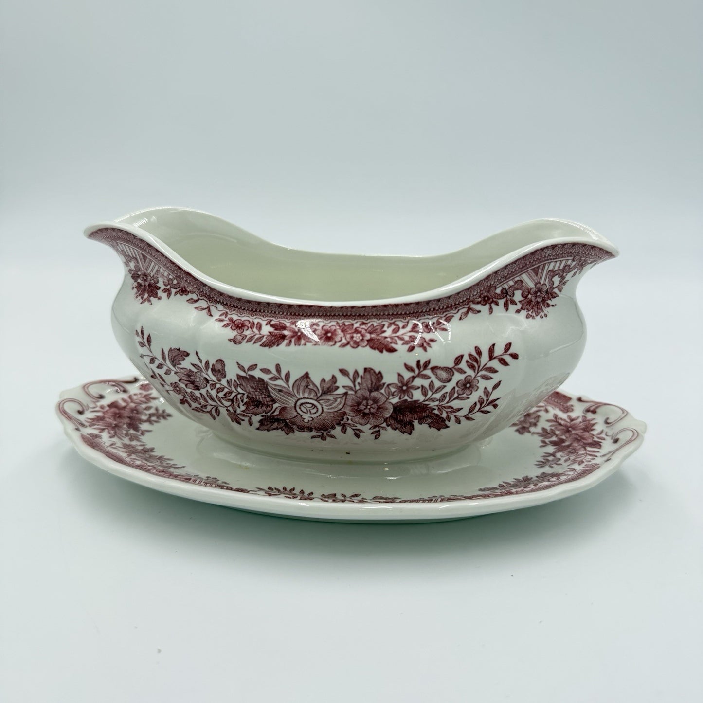 Vintage Villeroy & Boch Gravy Boat Porcelain Fasan Germany Red Floral Mettlach