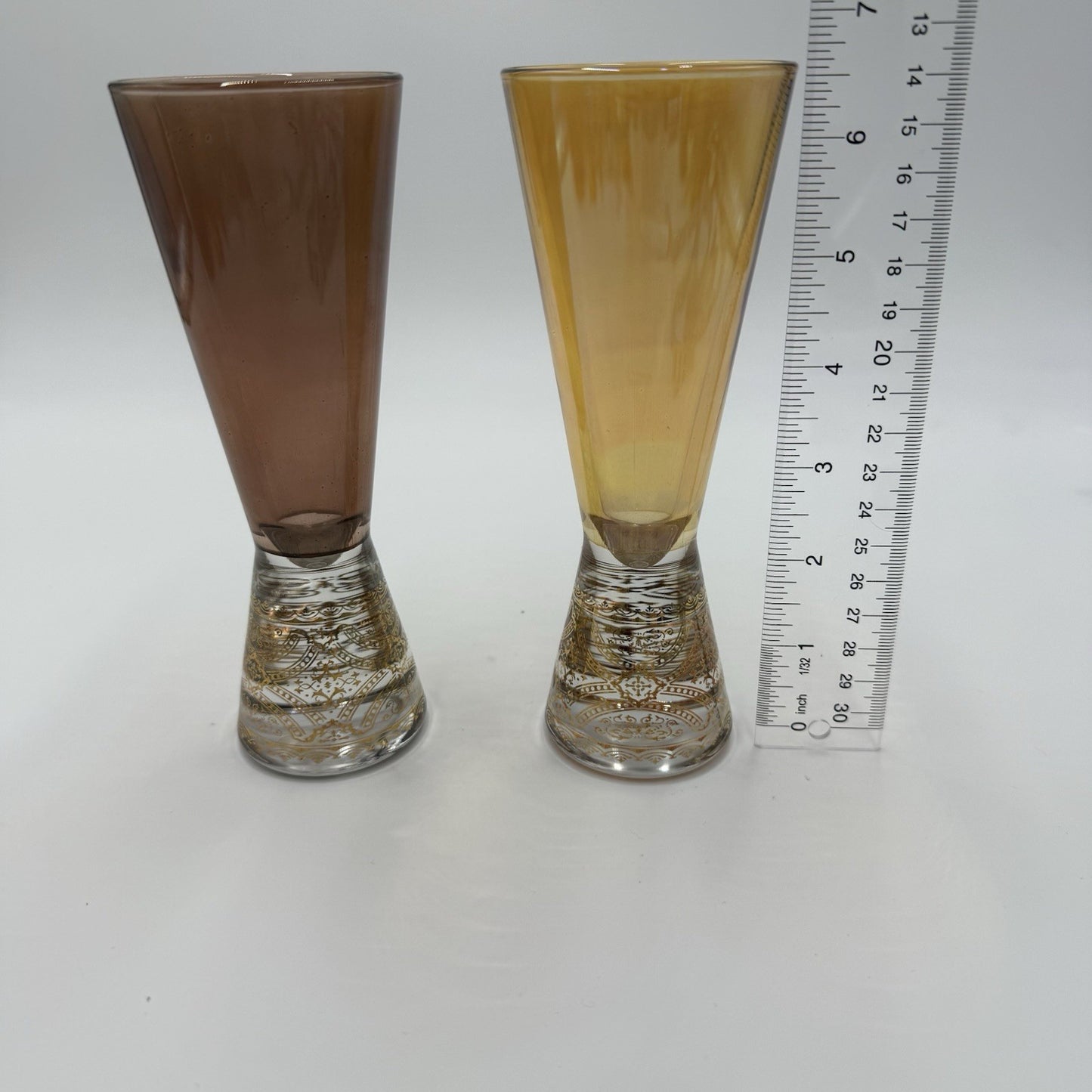 2 Vintage Collezione Timon Art Glass Italian Iridescent Gold Champagne Flutes