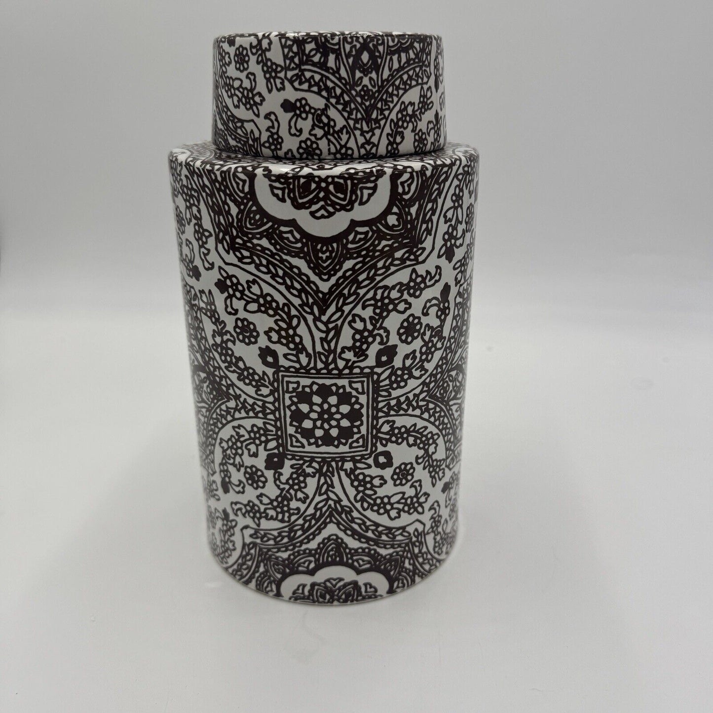 Pottery Barn Ceramic Brown/ White Floral Paisley Decor Canister Ginger Jar 9”