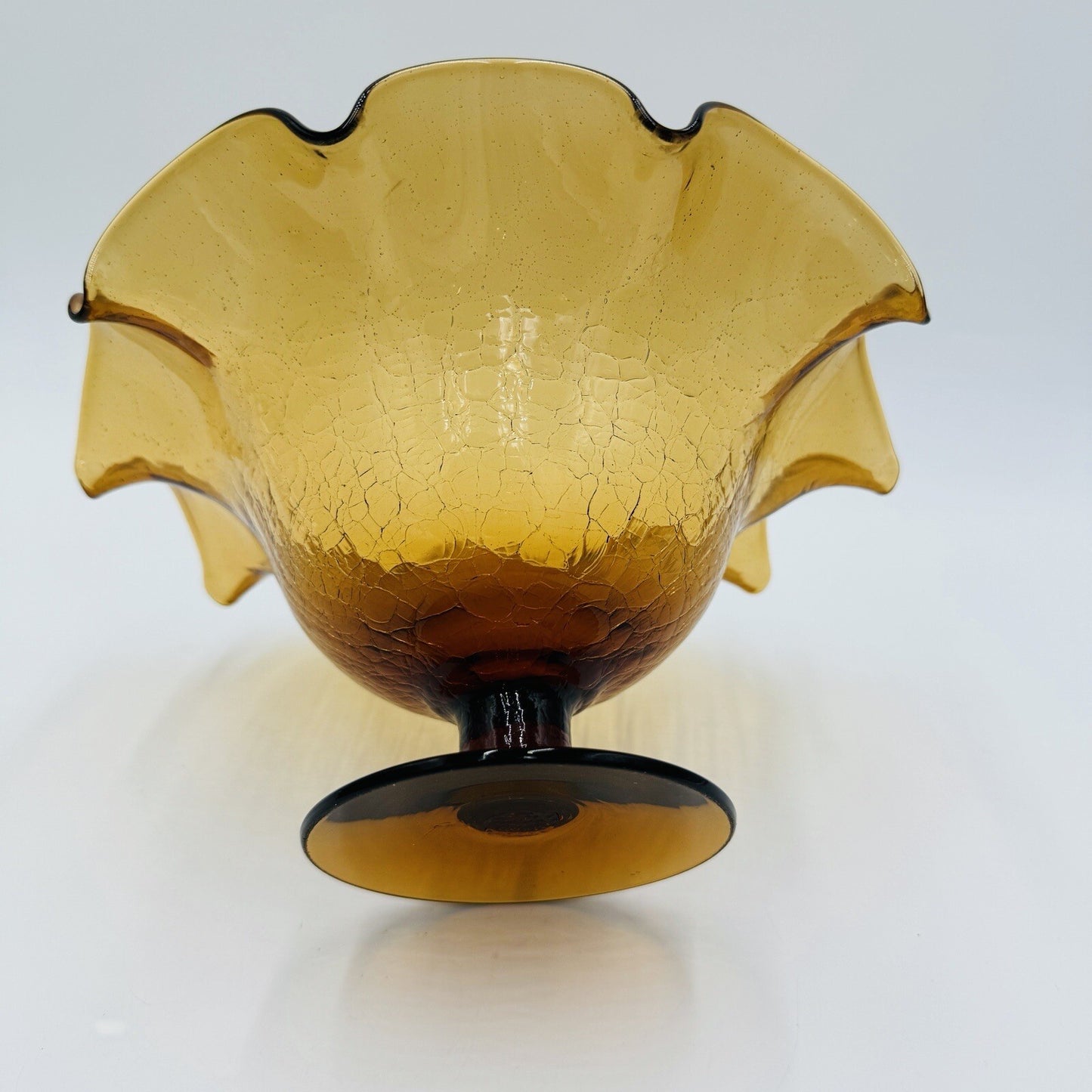 Blenko Art Glass Amberina Footed Vase Ruffled Crackled Compote 5.5in H x 9inW