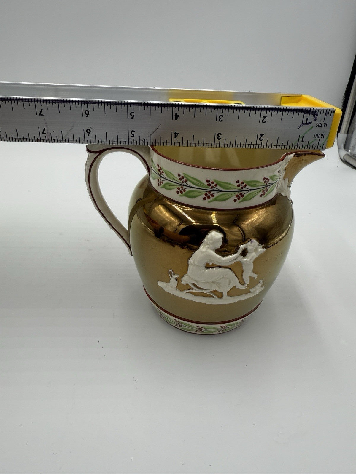 Antique Wedgwood England Queens ware Embossed Copper Luster Jug Mother & Child