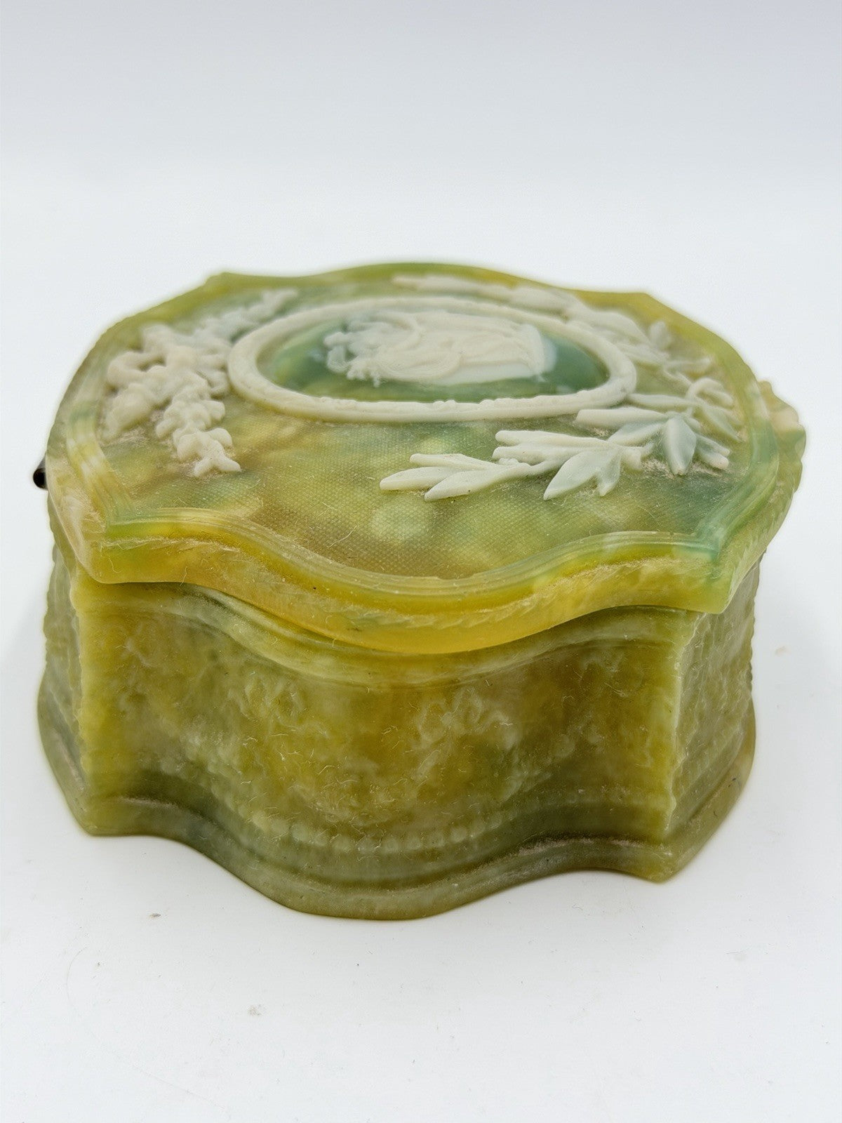 Vintage Incolay Stone Green Victorian Dancers Jewelry Trinket Box 5 x 4 x 2" USA