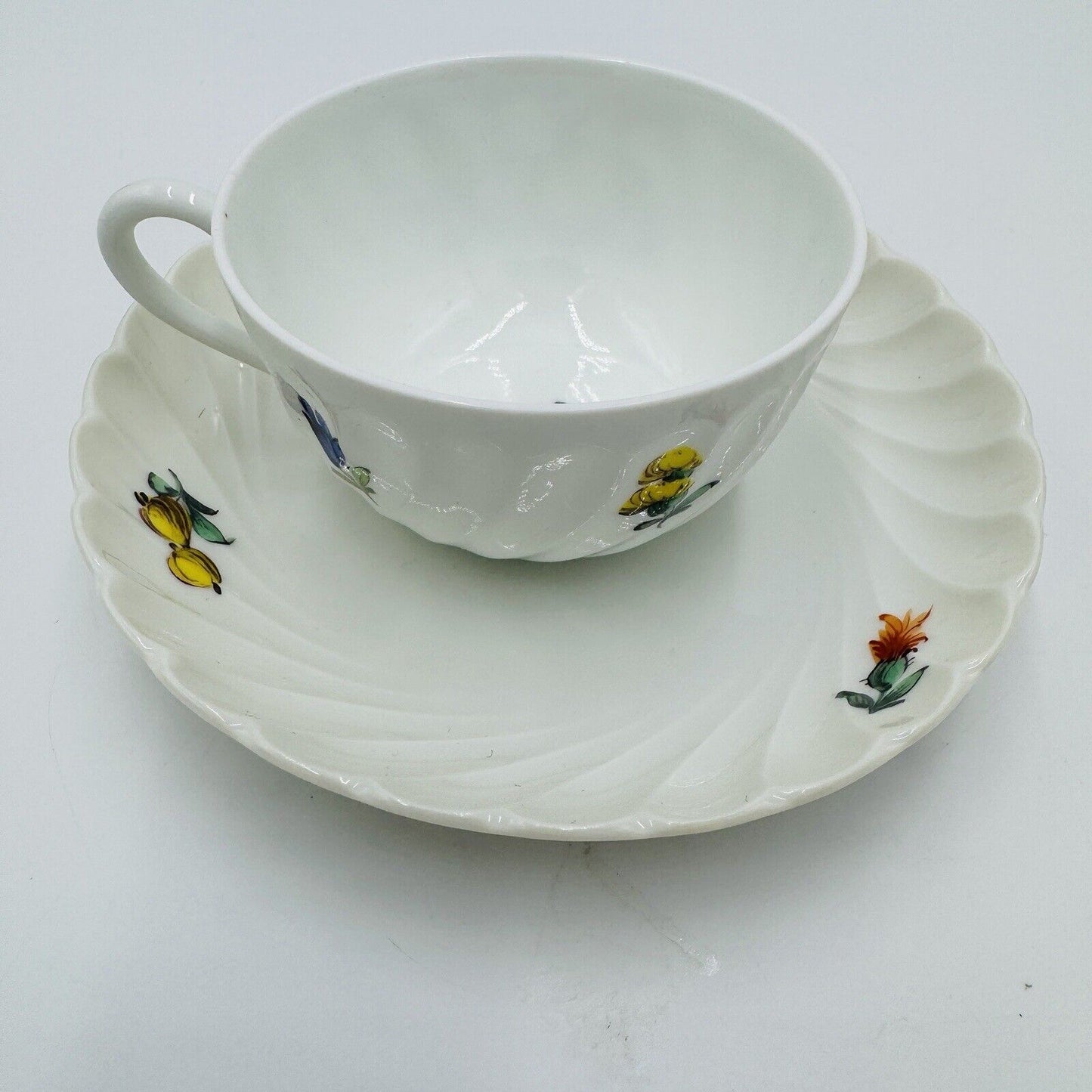 Nymphenburg Teacup & Saucer Porcelain Germany Welle Ribbed 1632 Floral Antique