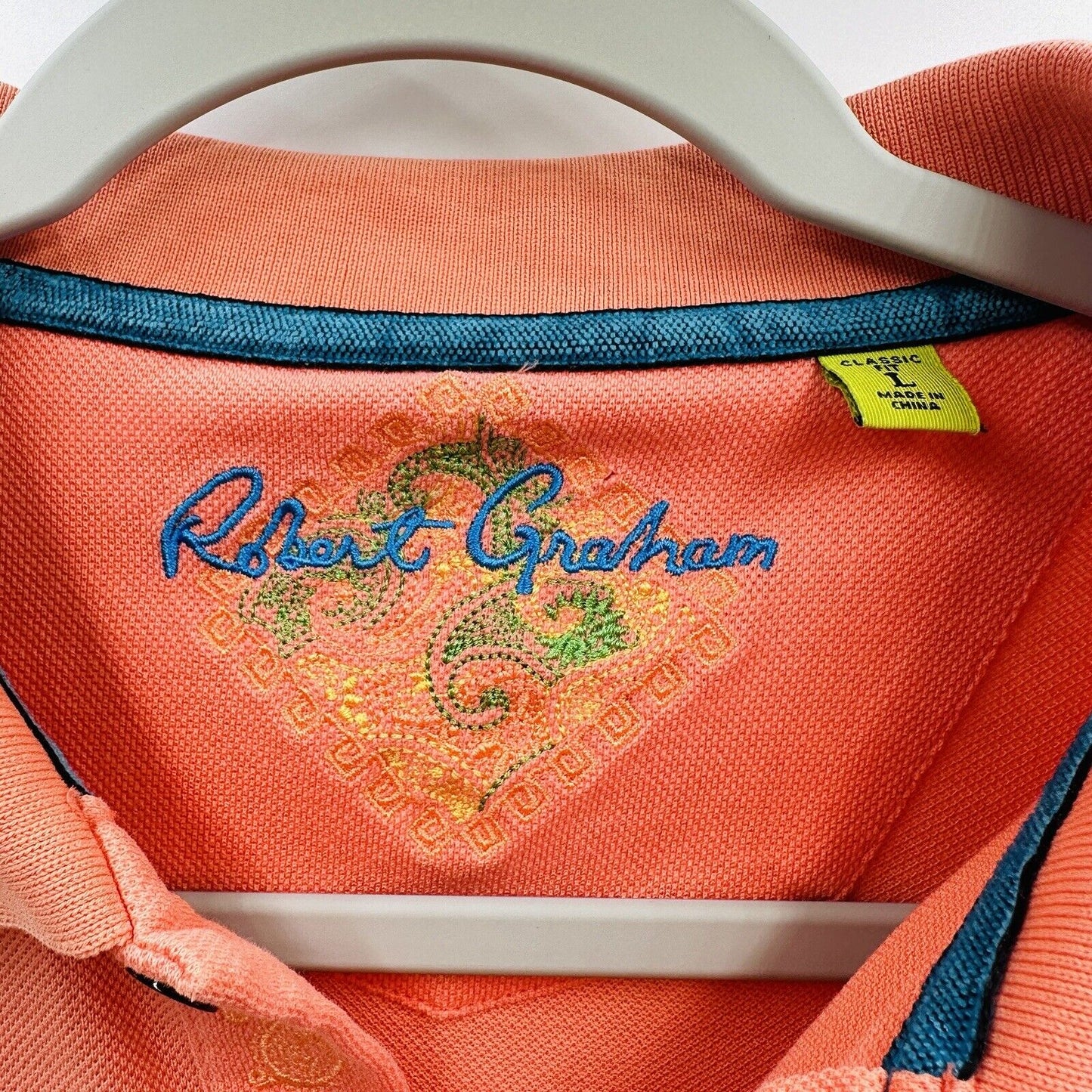 Robert Graham Mens Size L Piqué Polo Shirt Salmon Short Sleeve Golf Casual