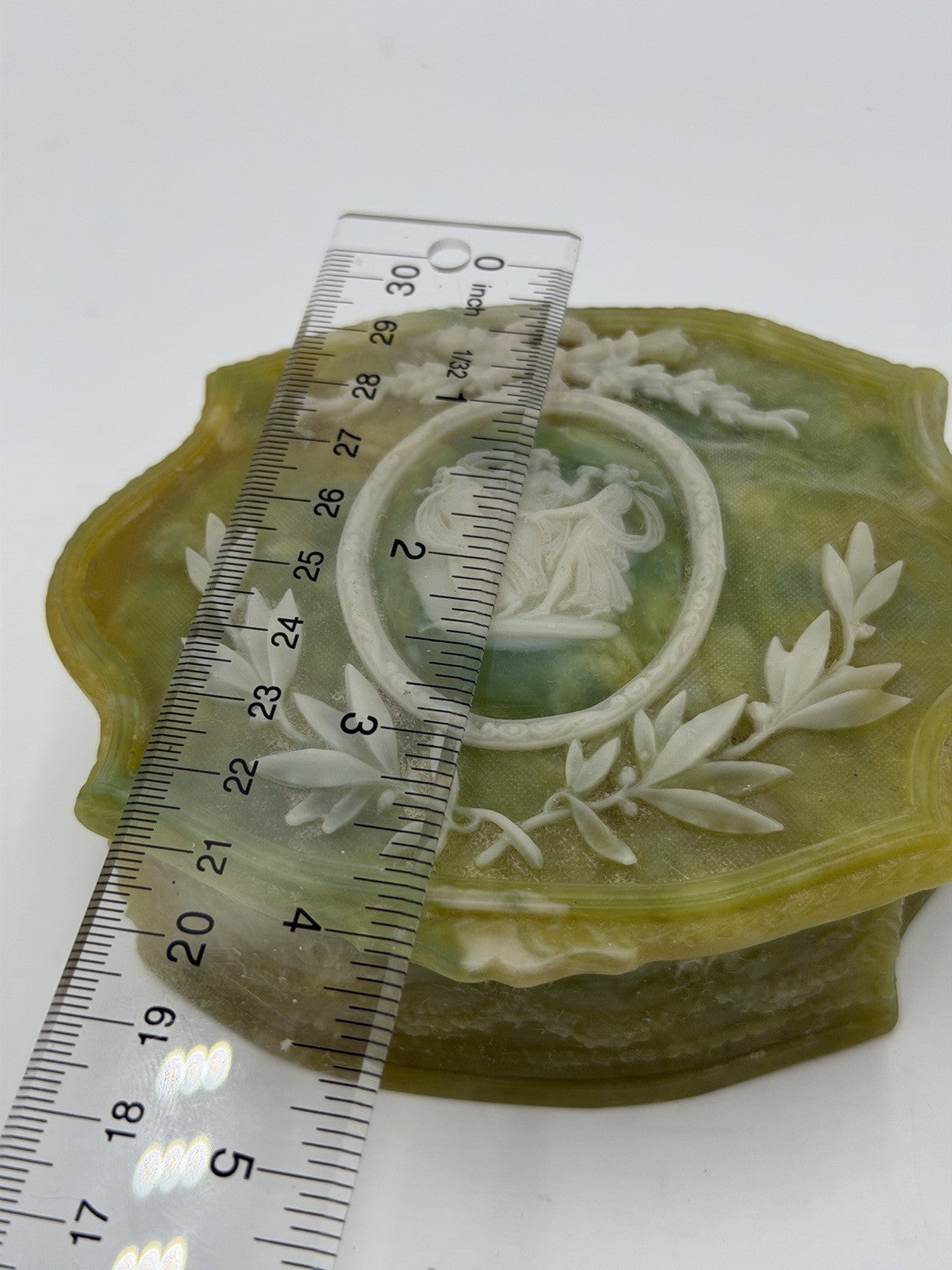 Vintage Incolay Stone Green Victorian Dancers Jewelry Trinket Box 5 x 4 x 2" USA