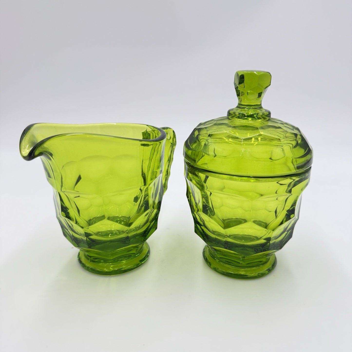 MCM Viking Art Glass GREEN GEORGIAN New Martinsville Cream and Sugar Set