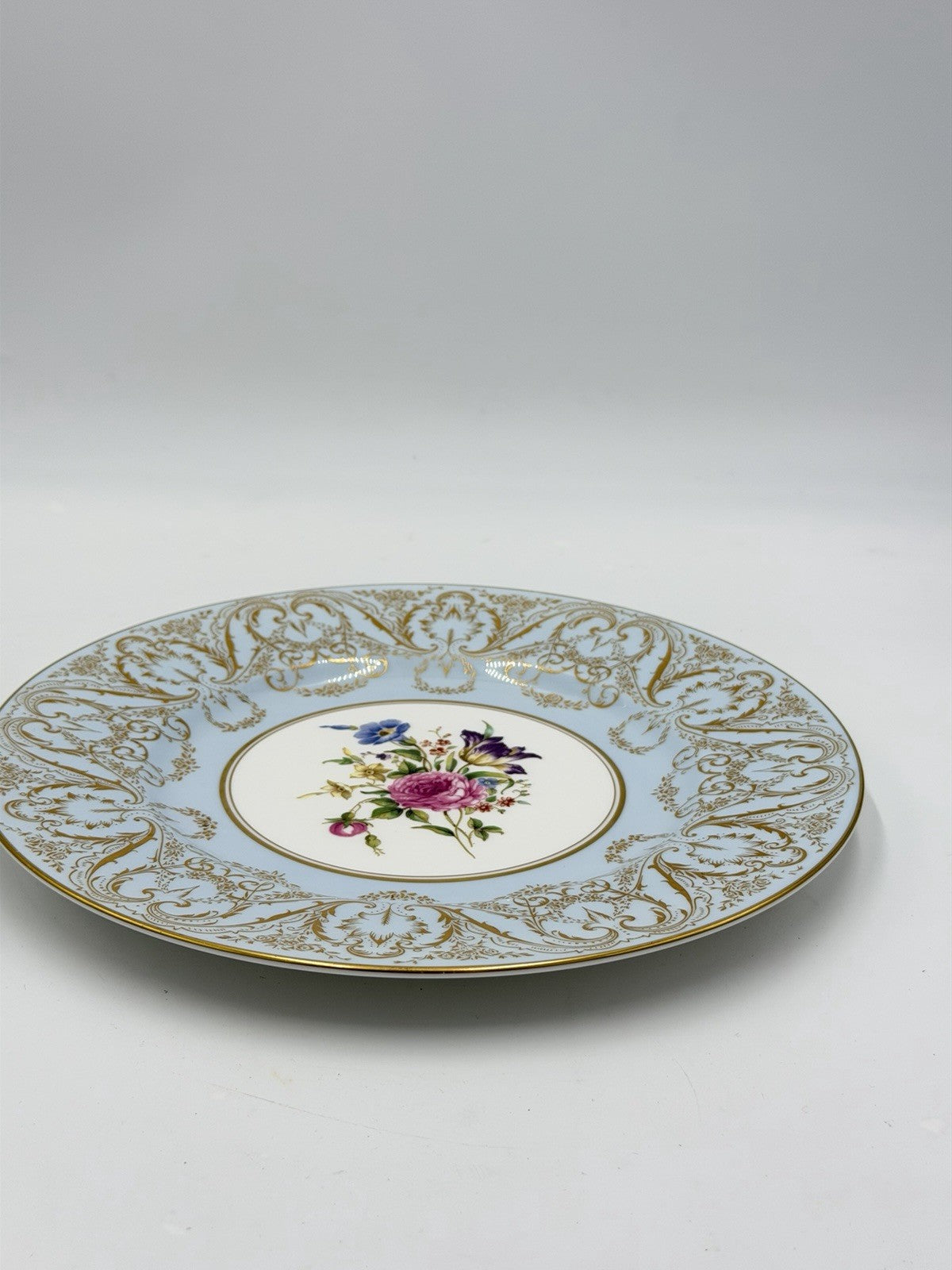 Royal Worcester England Embellished Floral Light Blue Gold Trim Dinner 10” Plate