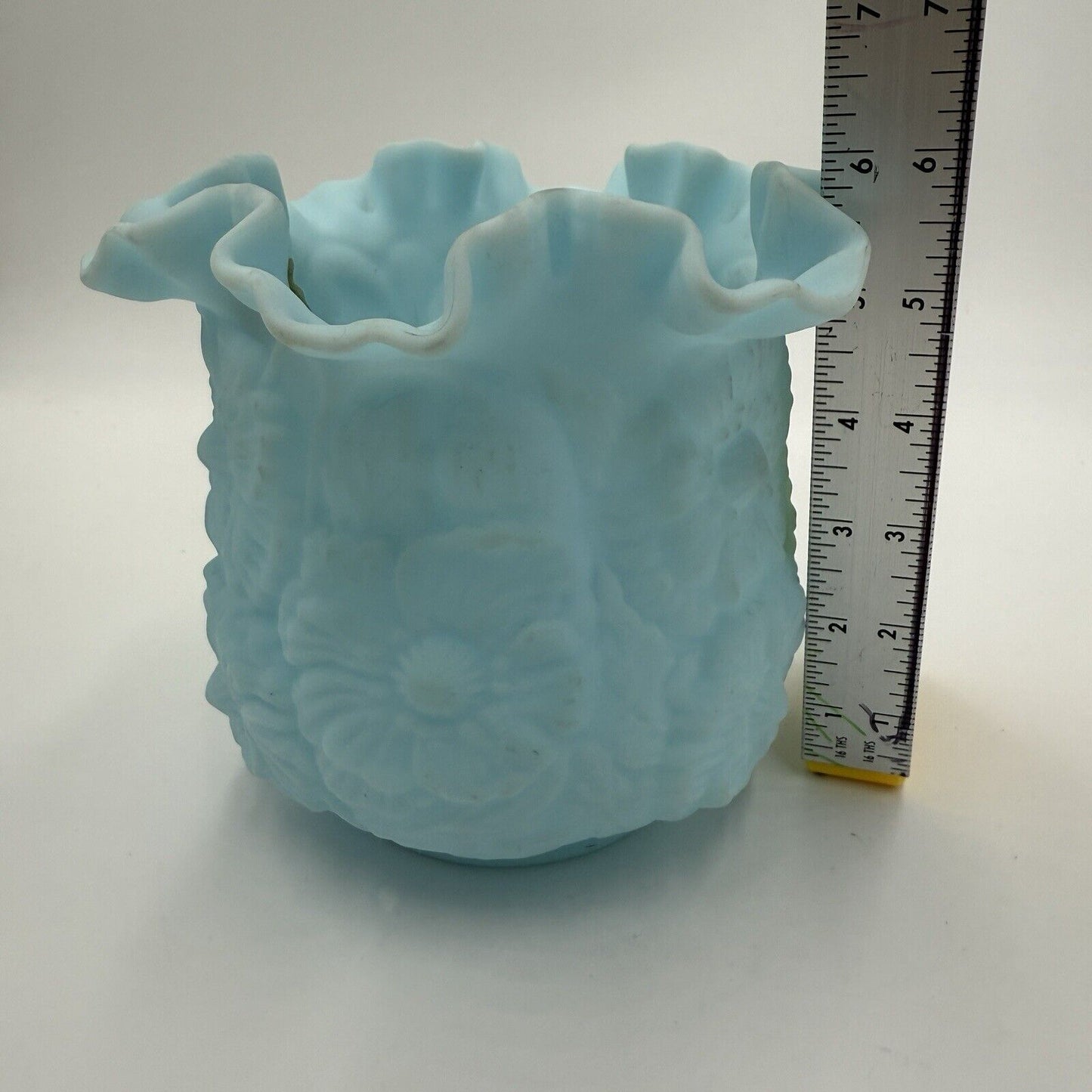 Vtg Fenton Blue Satin Glass Vase Ruffled Edge Poppy/Daisy Large 6" H x 6 1/2" W