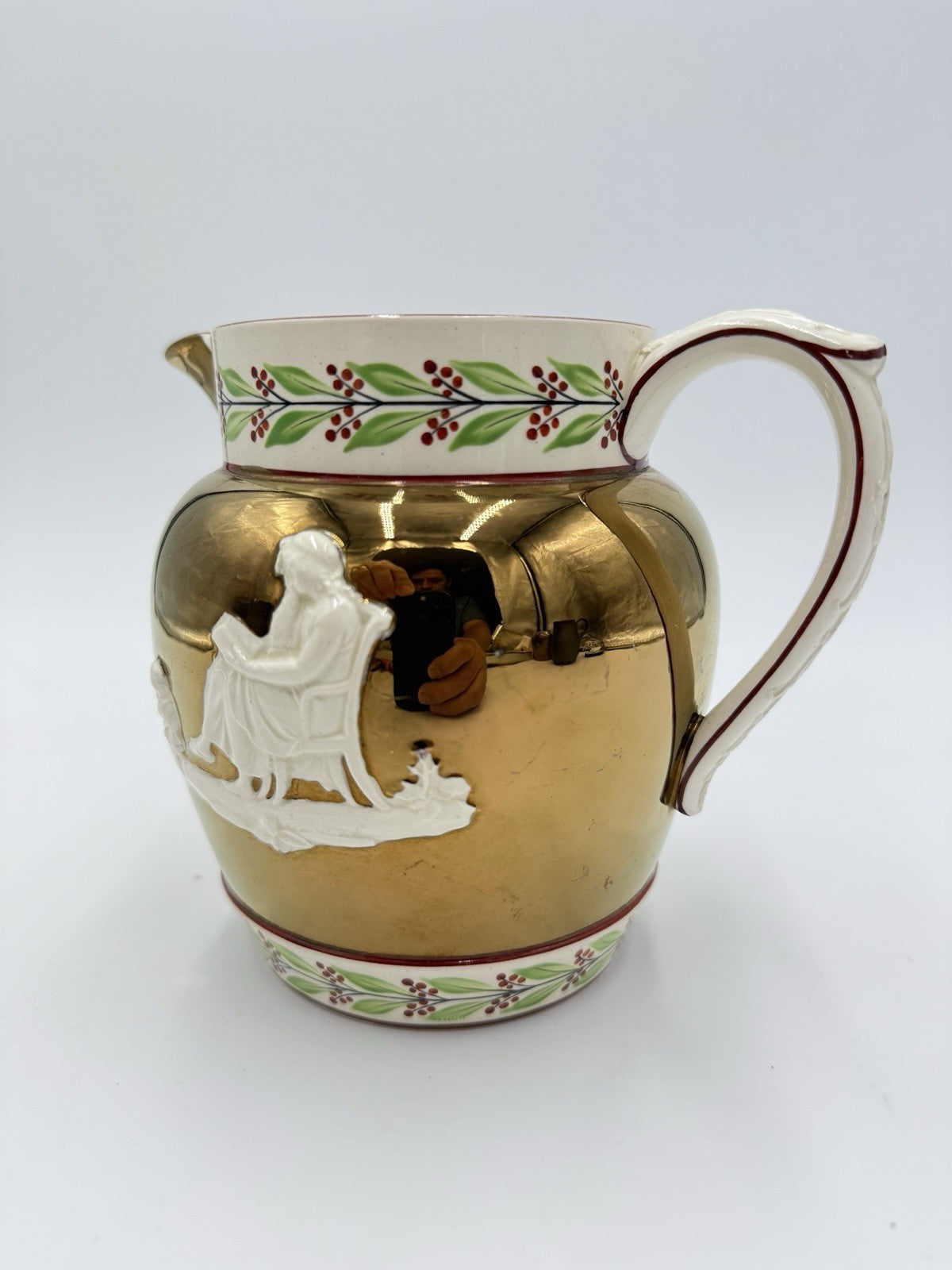 Antique Wedgwood England Queens ware Embossed Copper Luster Jug Mother & Child