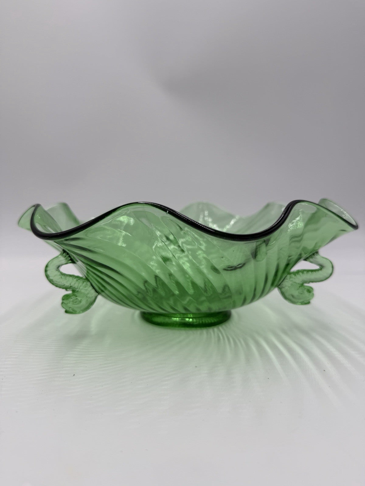 Rare Fenton Art Glass Green Emerald Scalloped Dolphin Art Deco Candy Bowl 3”x9”h