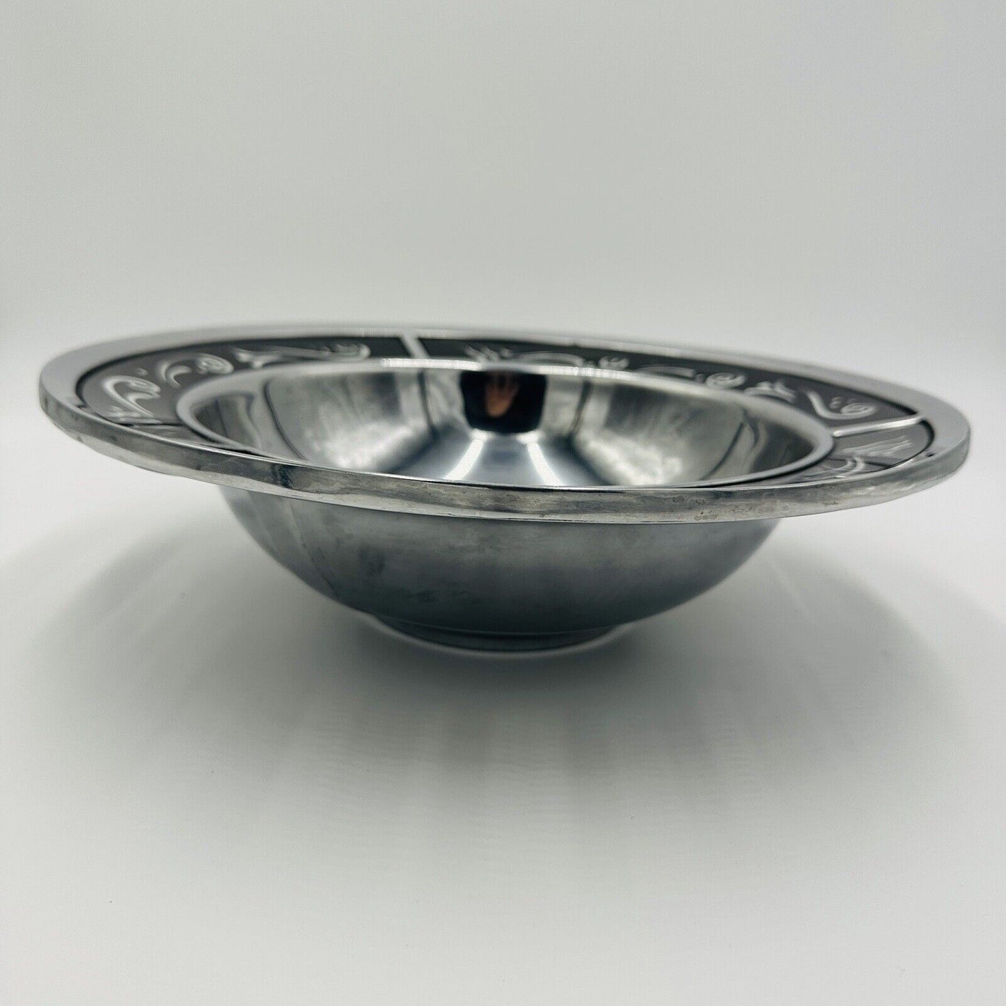 Lenox Serving Bowl Black Glass Decorative Rim Spyro Round Salad Metal Ware