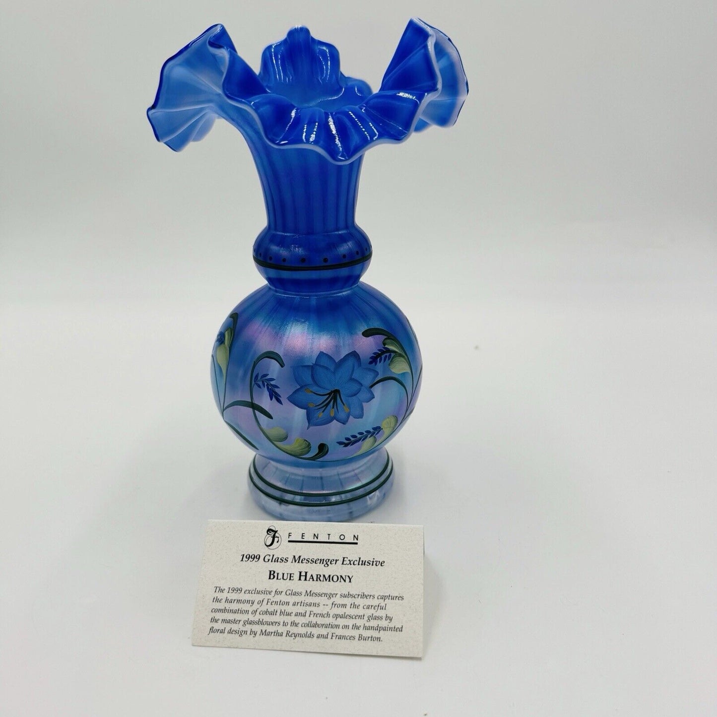 Fenton Art Glass 1999 Messenger Exclusive Blue Harmony Vase Signed Dan Fenton
