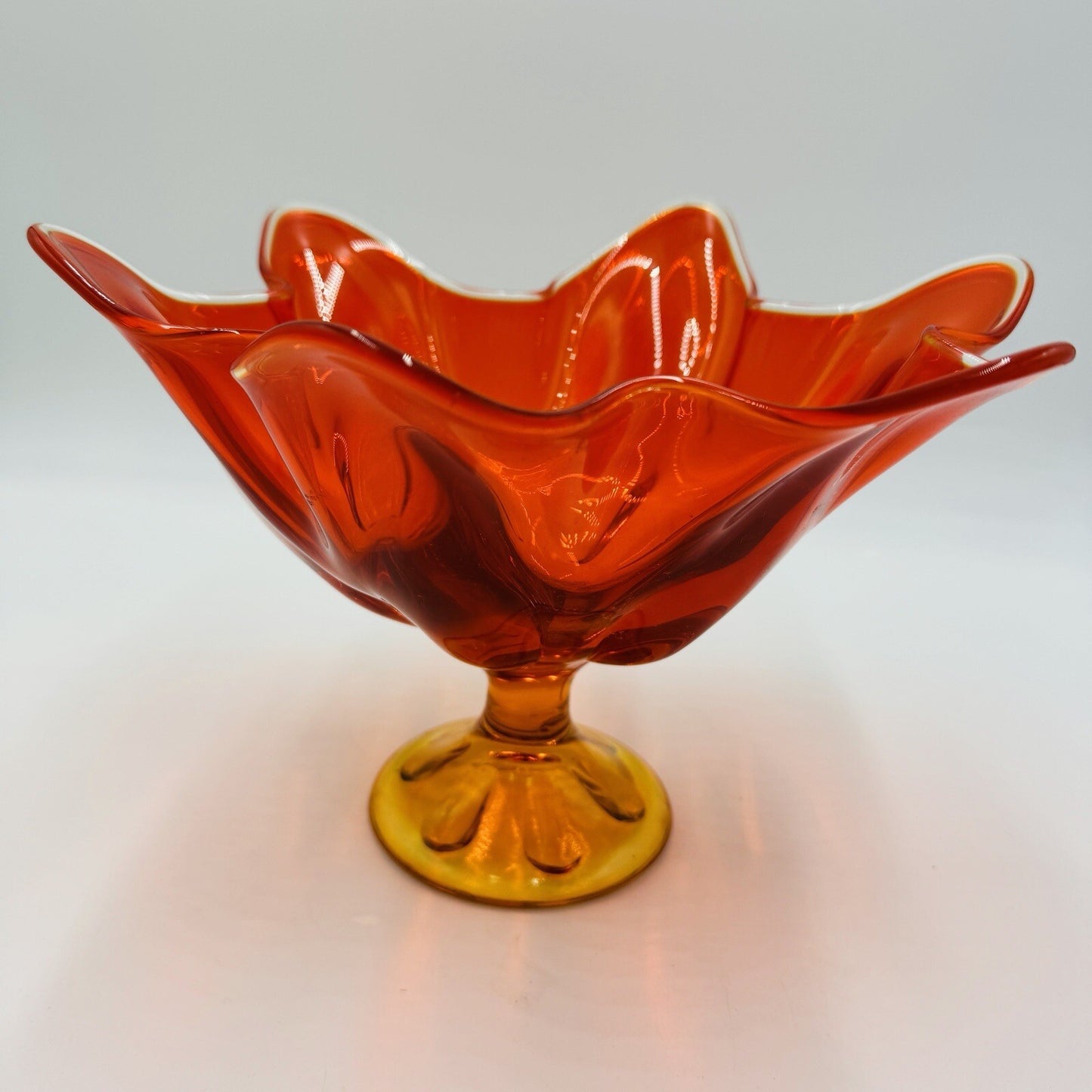 Viking Art Glass MCM Footed Amberina Orange Compote Epic 6 Petals Bowl 7.5”x 11"