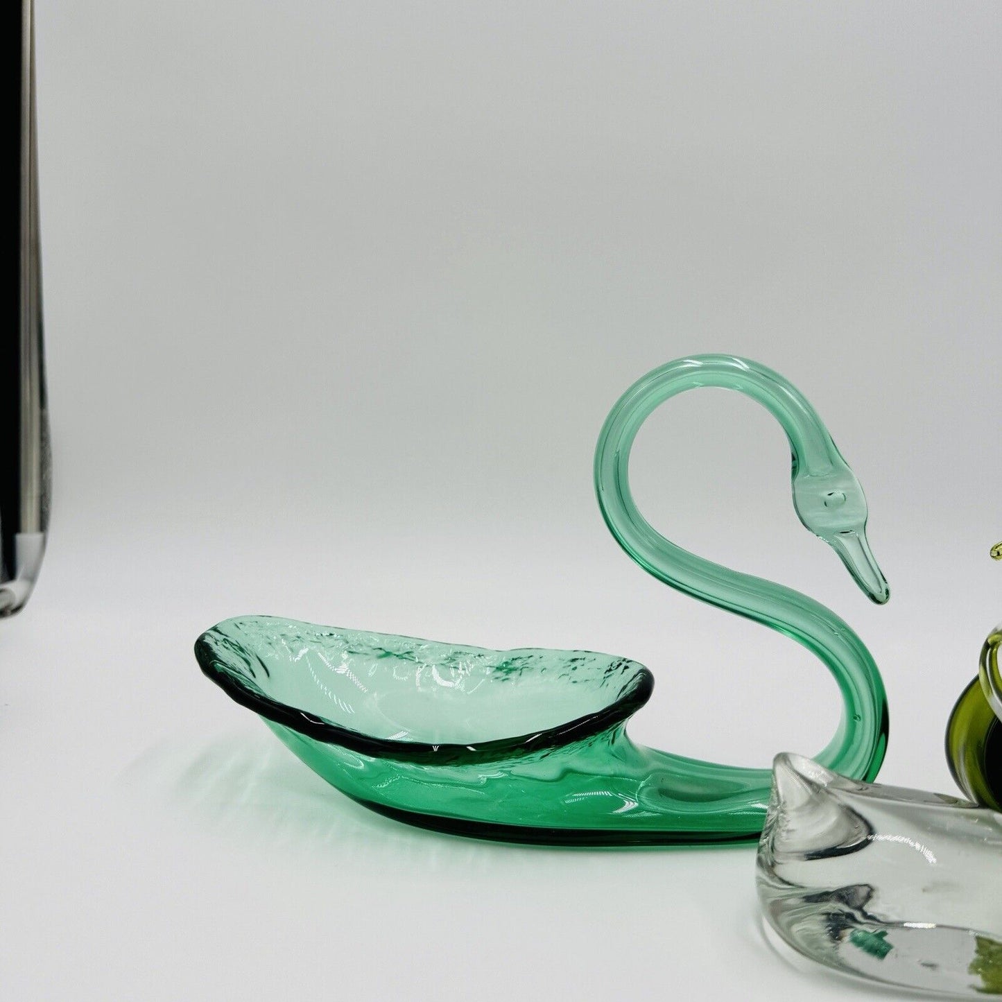 Viking Swan Figurines Art Glass Green Avocado Clear Vintage MCM Set 3 Pieces