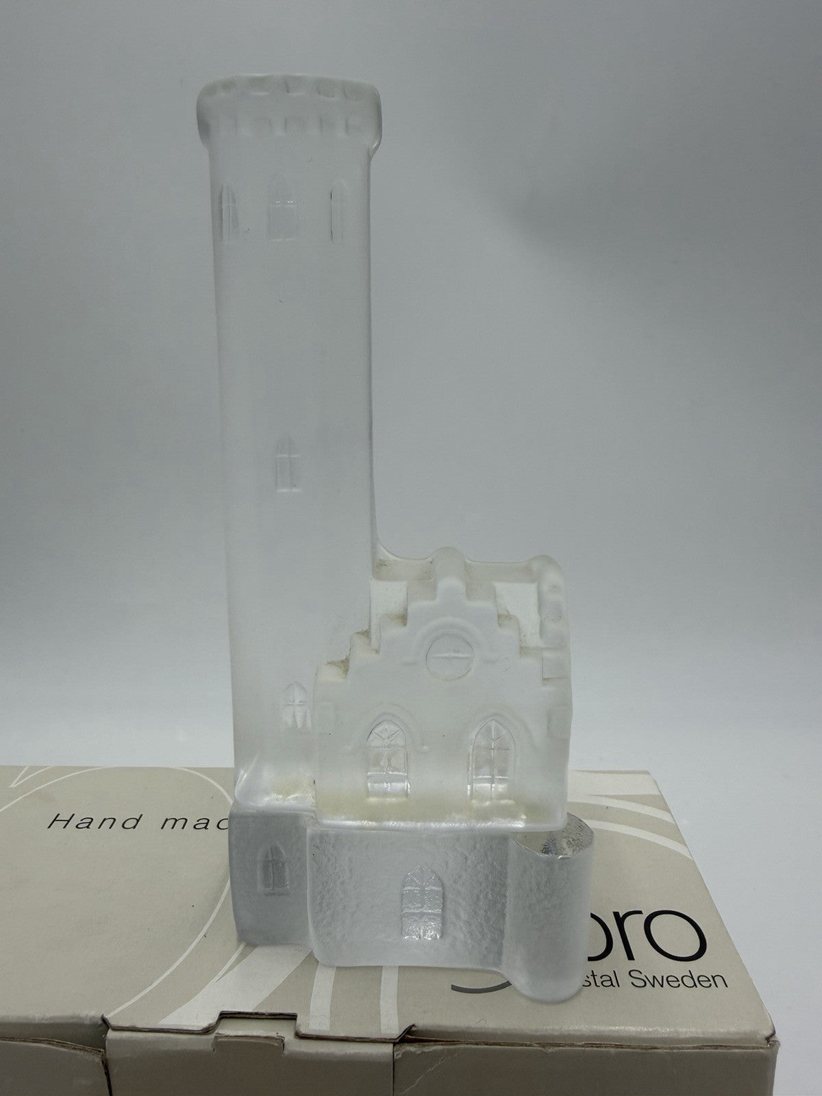 Nybro crystal Sweden votive candle holder Oscarsborg watch tower Box /COA