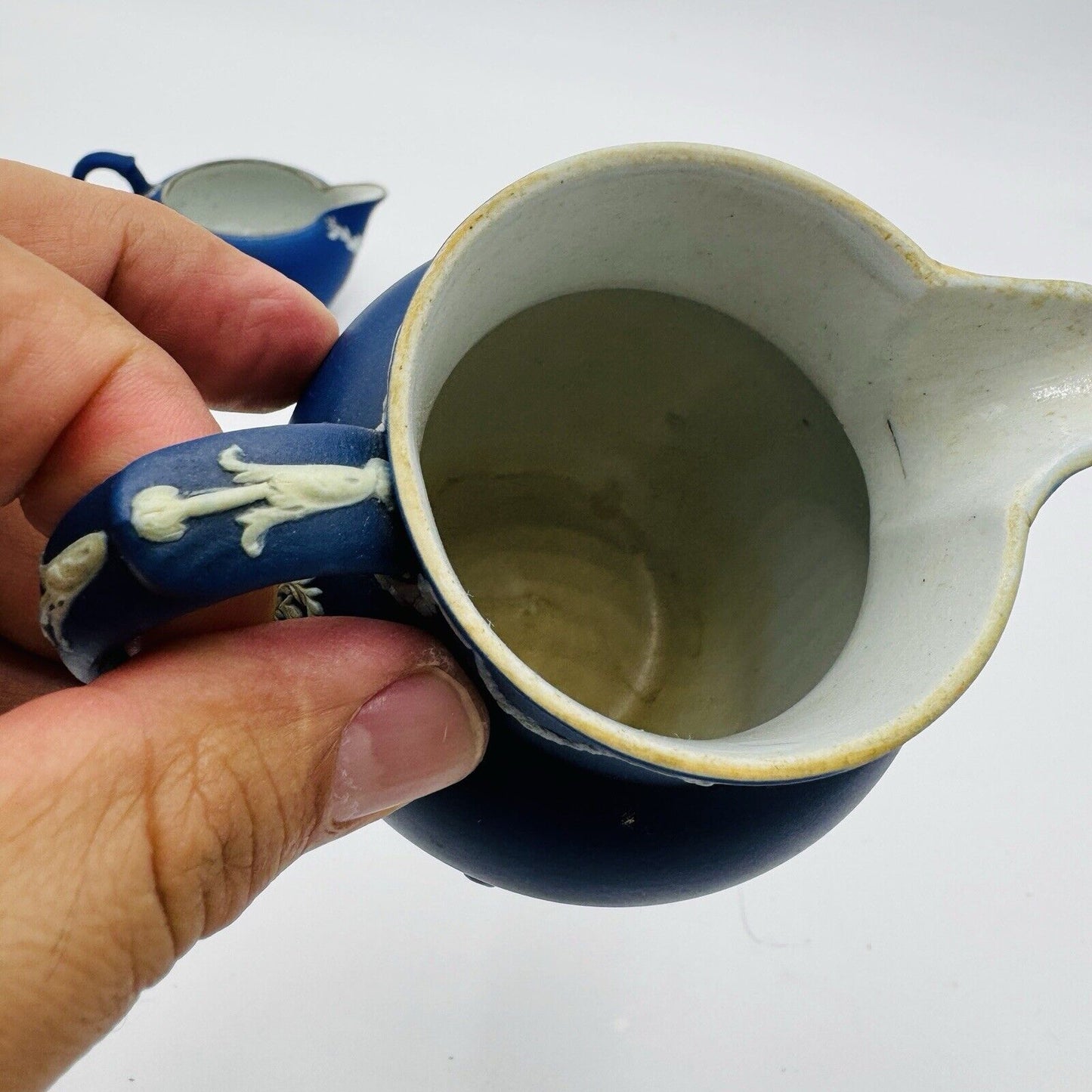 Antique Wedgwood Dipped Blue Pitchers England Jug Creamer Embossed Small