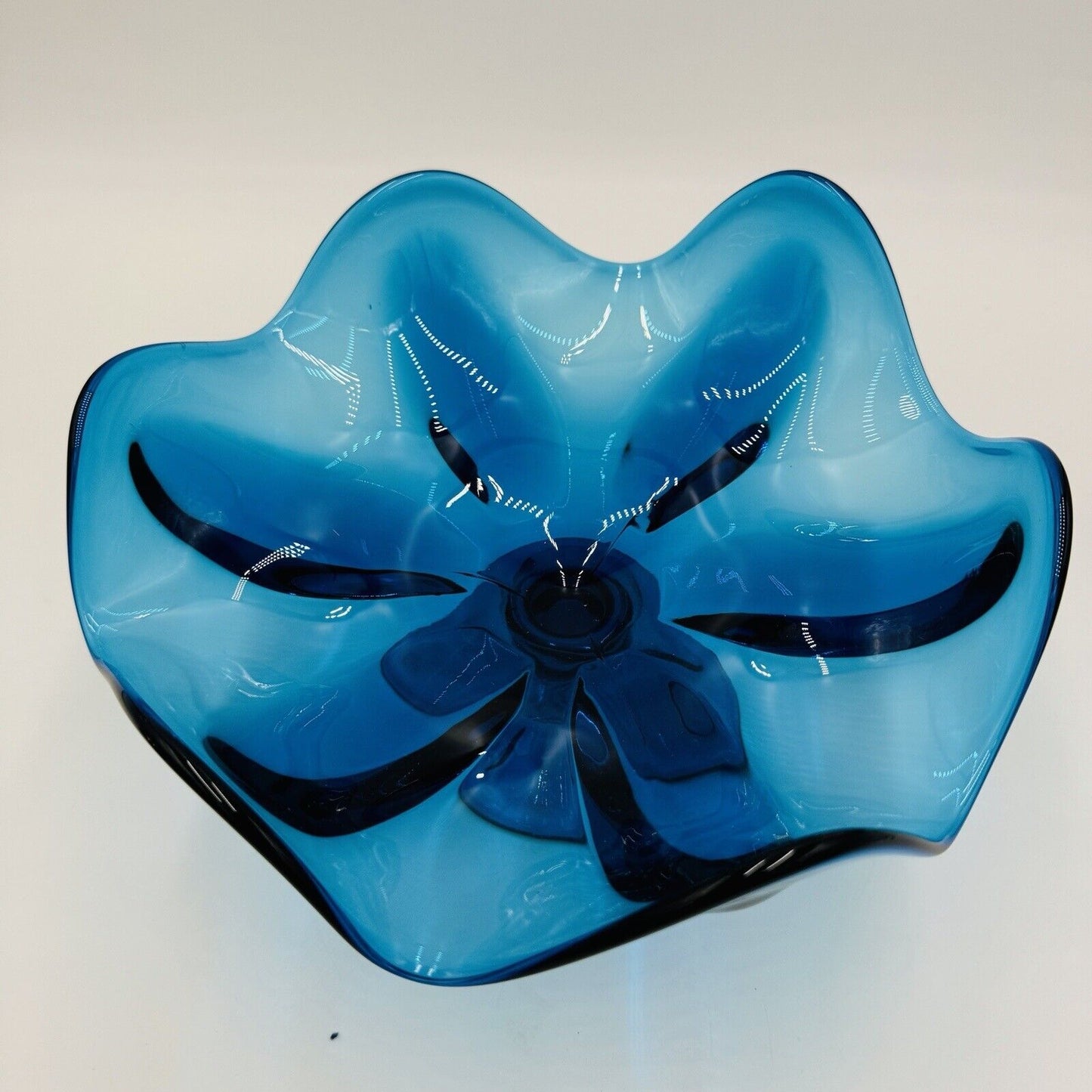 Viking Art Glass Teal Aqua Blue Pedestal Dish Compote Bowl Vintage Mid Century